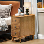 LITTLE TREE Fully Assembled End Table, Set of 2, Narrow Bedside Table with 3 Drawers, Vintage Nightstand for Small Spaces, Living Room, Bedroom, Natural Color