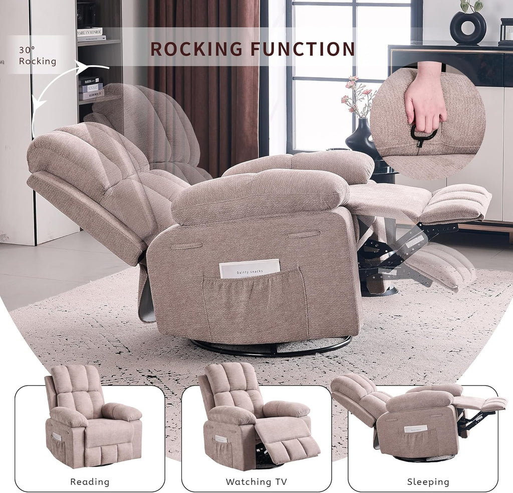 Recliner Chair for Adults, 360°Swivel Rocker Chair for Living Room, Upholstered Manual Recliner with Chenille Fabric, Nursery Rocking Chair for Bedroom, Apartment (Khaki)