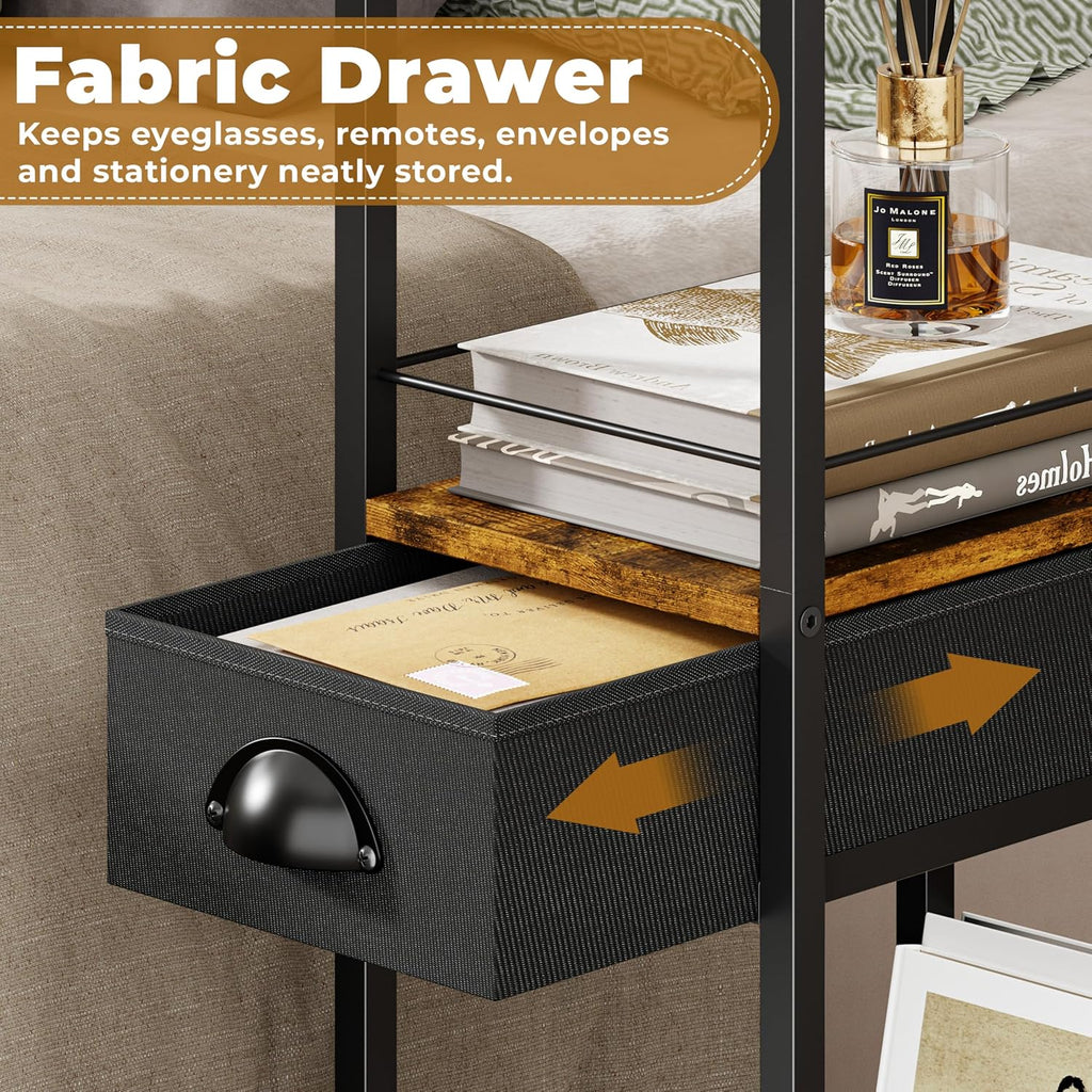 C Shaped Sofa Side Table with Wheels, Rolling Small Coffee Table with Drawer, Portable TV Tray Table for Couch, Bedside Table with Storage, Narrow Nightstand for Bedroom, End Tables Living Room