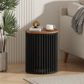 Round End Table, Modern Cylinder Side Table with Wood Top & Black Ribbed Base, Small Drum Accent Table for Living Room, Bedroom, Mid-Century Nightstand for Small Spaces