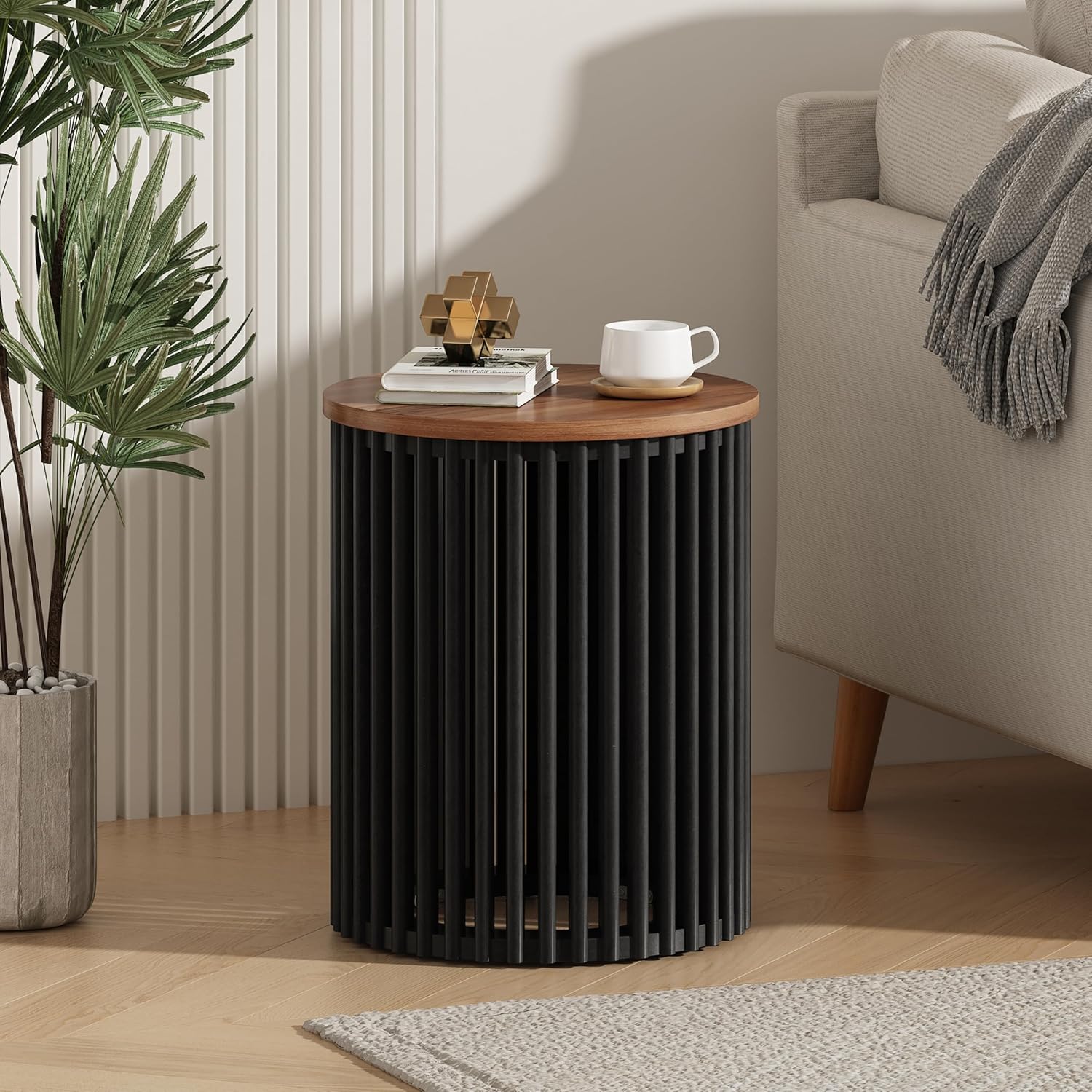 Round End Table, Modern Cylinder Side Table with Wood Top & Black Ribbed Base, Small Drum Accent Table for Living Room, Bedroom, Mid-Century Nightstand for Small Spaces