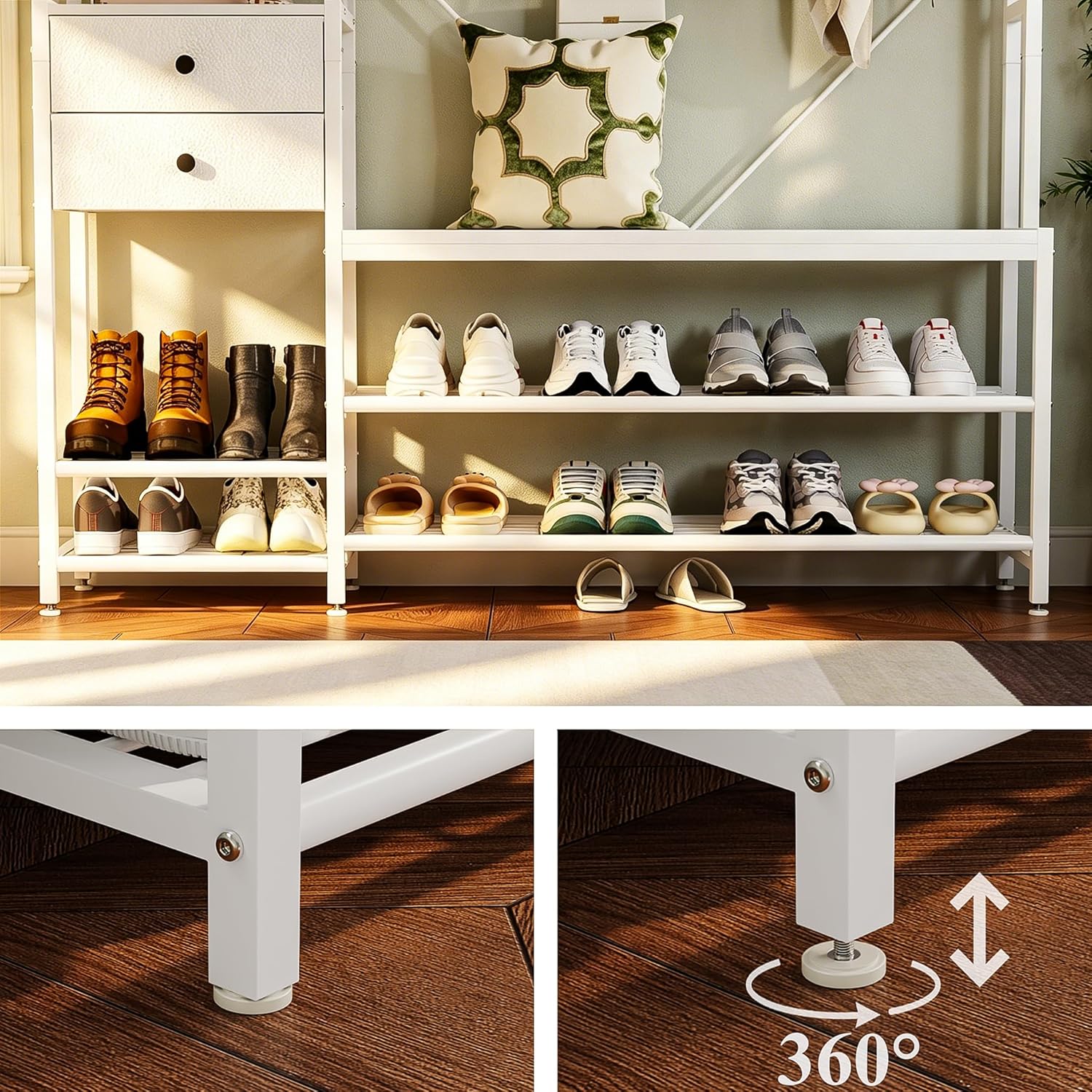 Gyfimoie 7-in-1 White Hall Tree with Bench and Shoe Storage, 55" Wide Entryway Coat Rack with Shoe Storage Shelves & Drawers, Mudroom Bench with Seating and Hooks for Hallway, Entrance