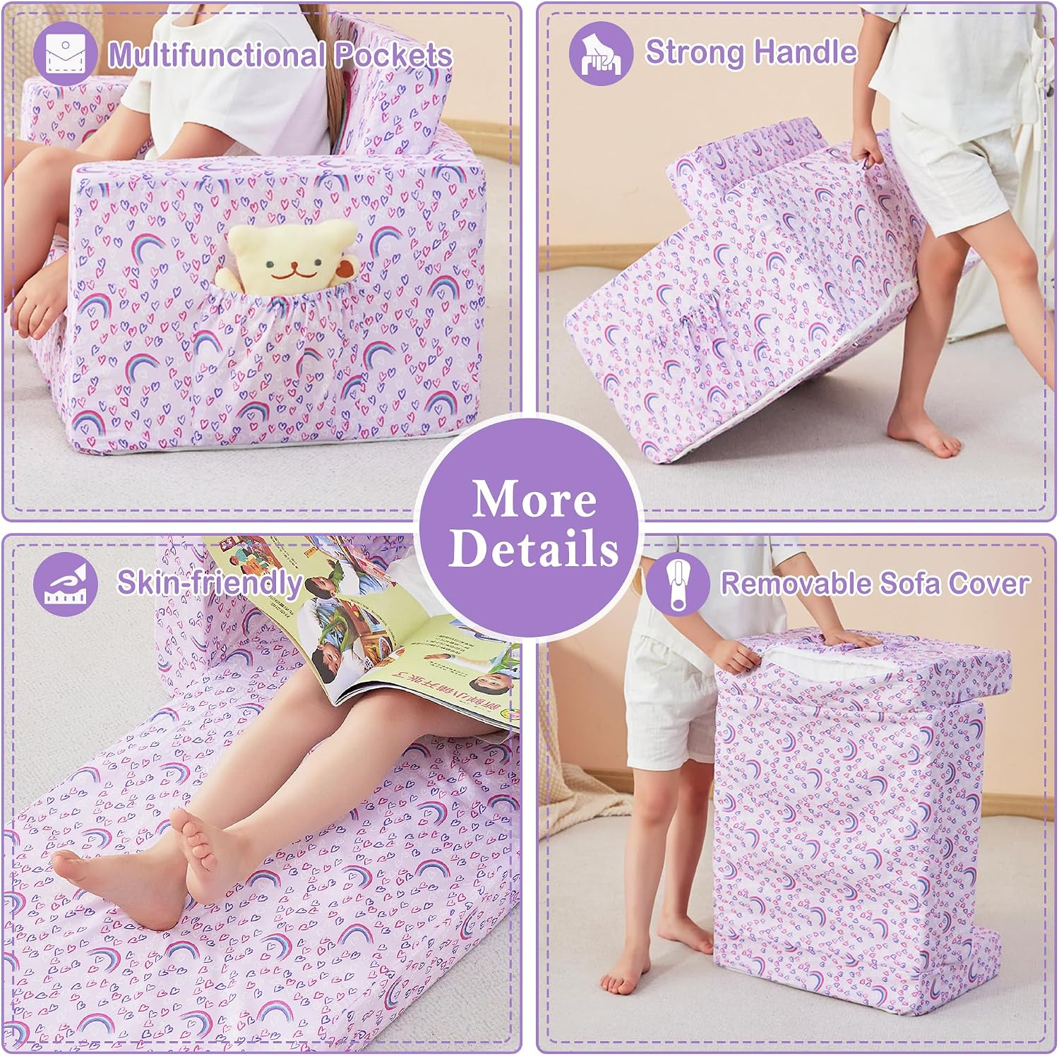 lasoftan Toddler Couch, 2-in-1 Soft Kids Couch Bed Fold Out, Toddler Chairs Comfy for Boys & Girls, Convertible Kids Sofa to Lounge for Playroom, Gift for Birthday, Children's Day - Purple Rainbow