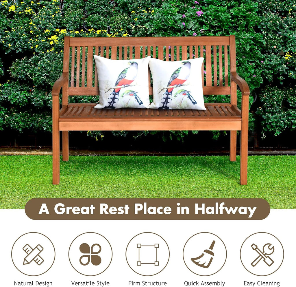 COSTWAY Wooden Bench Outdoor, Curved Armrest & Backrest, Sturdy Outdoor Wood Bench for Garden, Park & Porch, 25" D x 50" W x 36" H, Teak Colored