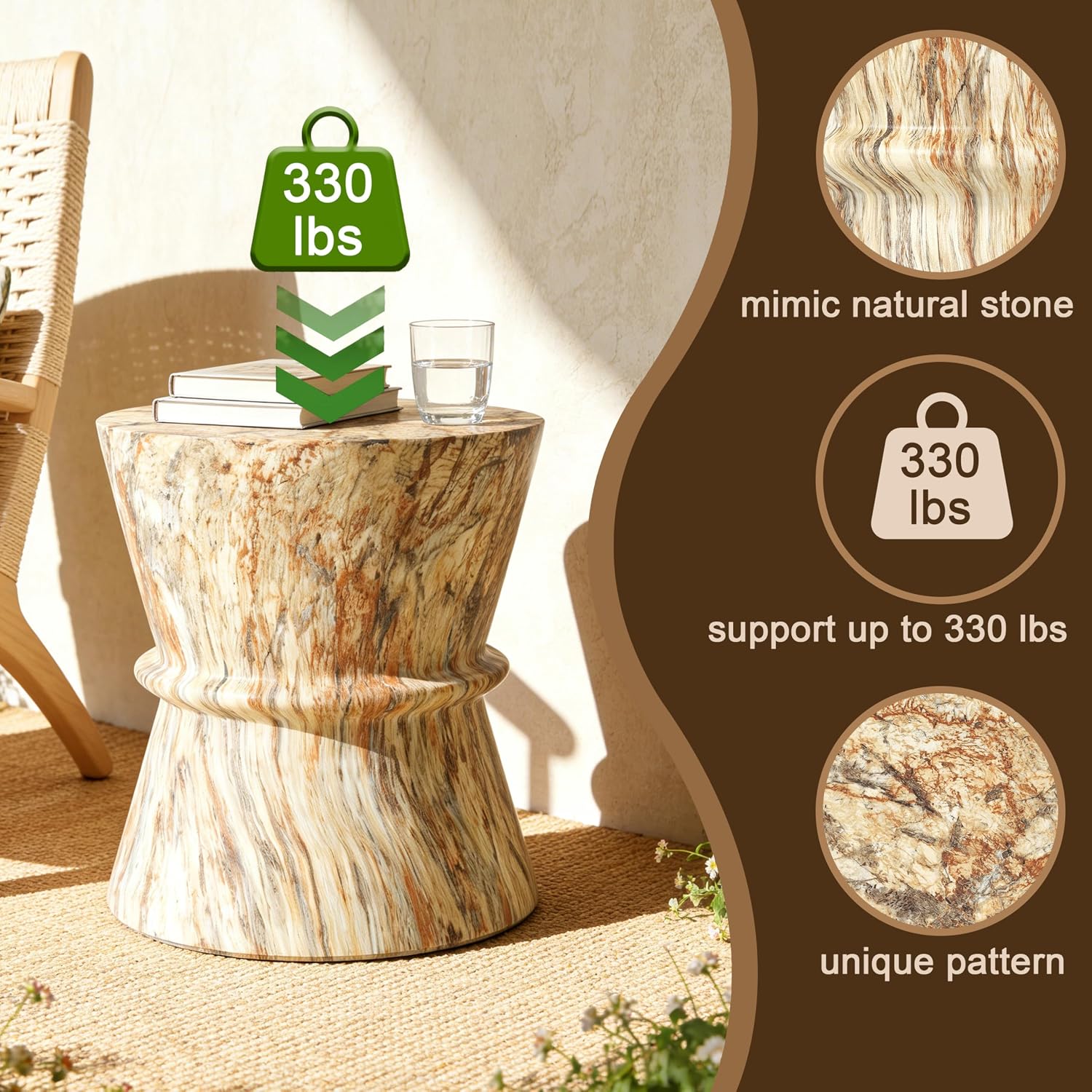 15.55" Hourglass Shape Side Table,Concrete Contemporary Lightweight Accent Table with Simulated Stone Texture,End Table for Living Room,Garden,Outdoor,Indoor,Amber