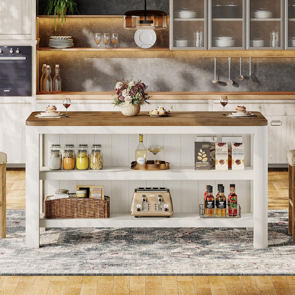 63-Inch Solid Wood Kitchen Island with Storage Shelves, Farmhouse Island Table with Seating, Counter Height Bar Table for Dining Room, Kitchen, Easy to Assemble, White and Brown