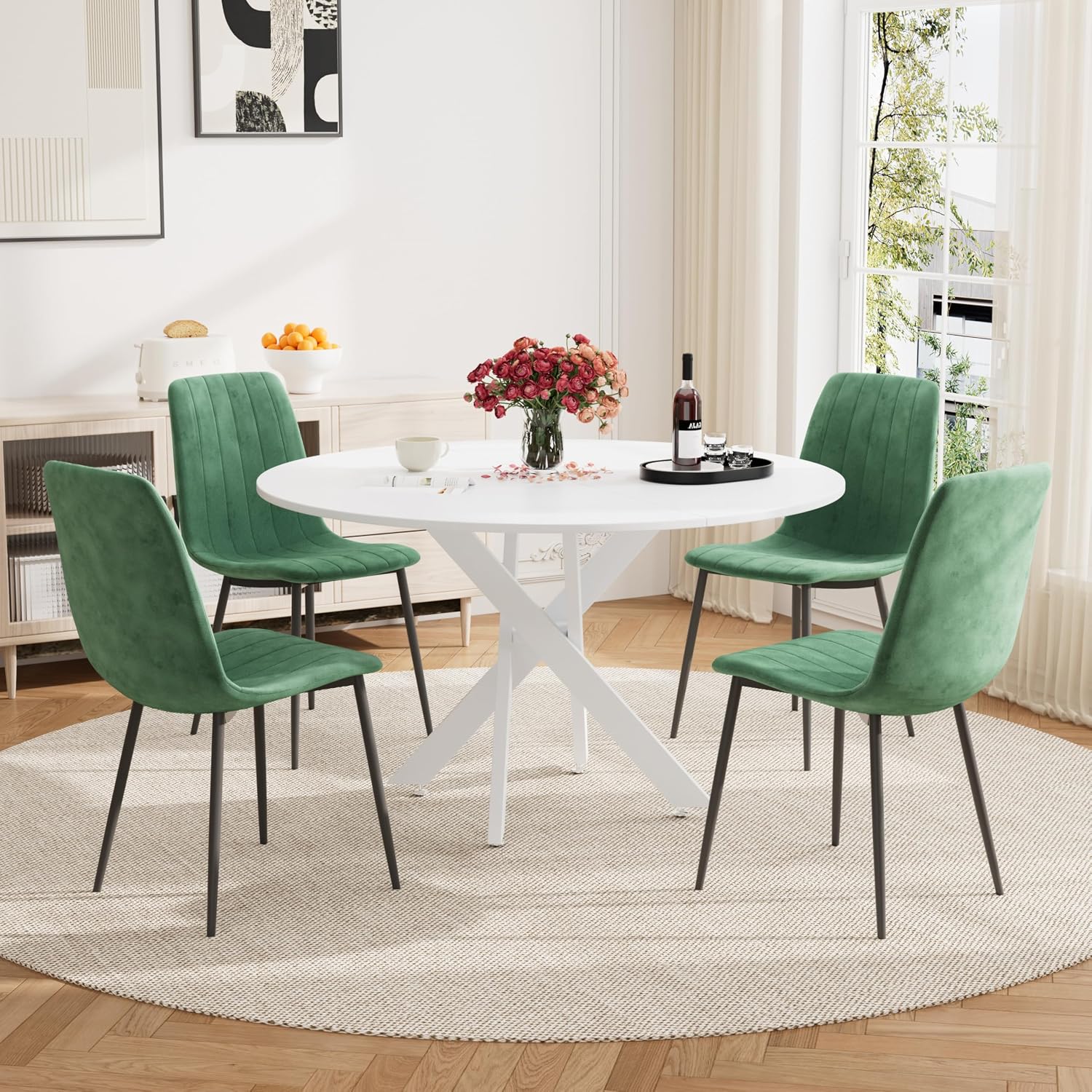 RGZ 47" White Round Kitchen Table for 4-6, Modern Save Space Wooden Circle Dining Table with Intersecting Metal Pedestal, Coffee Table for Break Room, Dining Room, Living Room