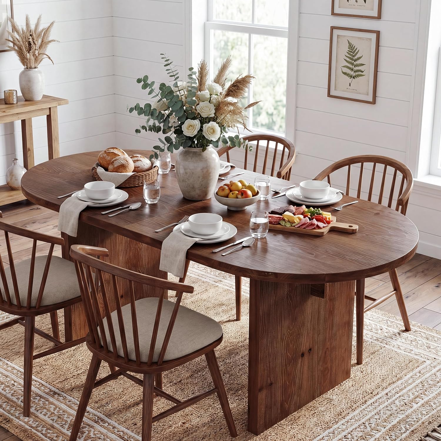 Tribesigns 63-Inch Oval Dining Table, Farmhouse Solid Wood Kitchen Table for 4-6, Large Dinner Furniture with Double Pedestal for Dining Room