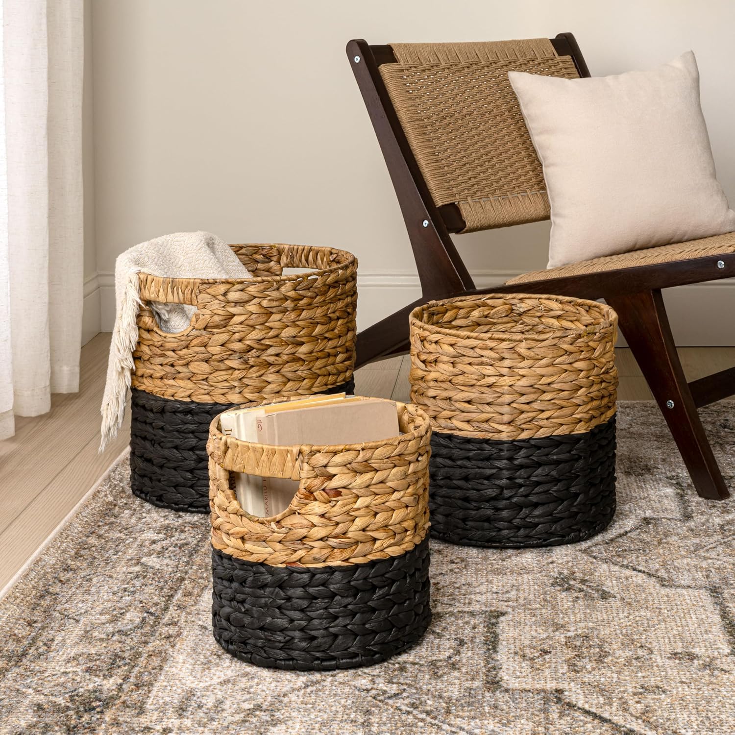 happimess BSK2011D-3SET Avery Bohemian Cottage Handwoven Hyacinth Cylinder Nesting Baskets with Handles, Natural/Black (Set of 3)
