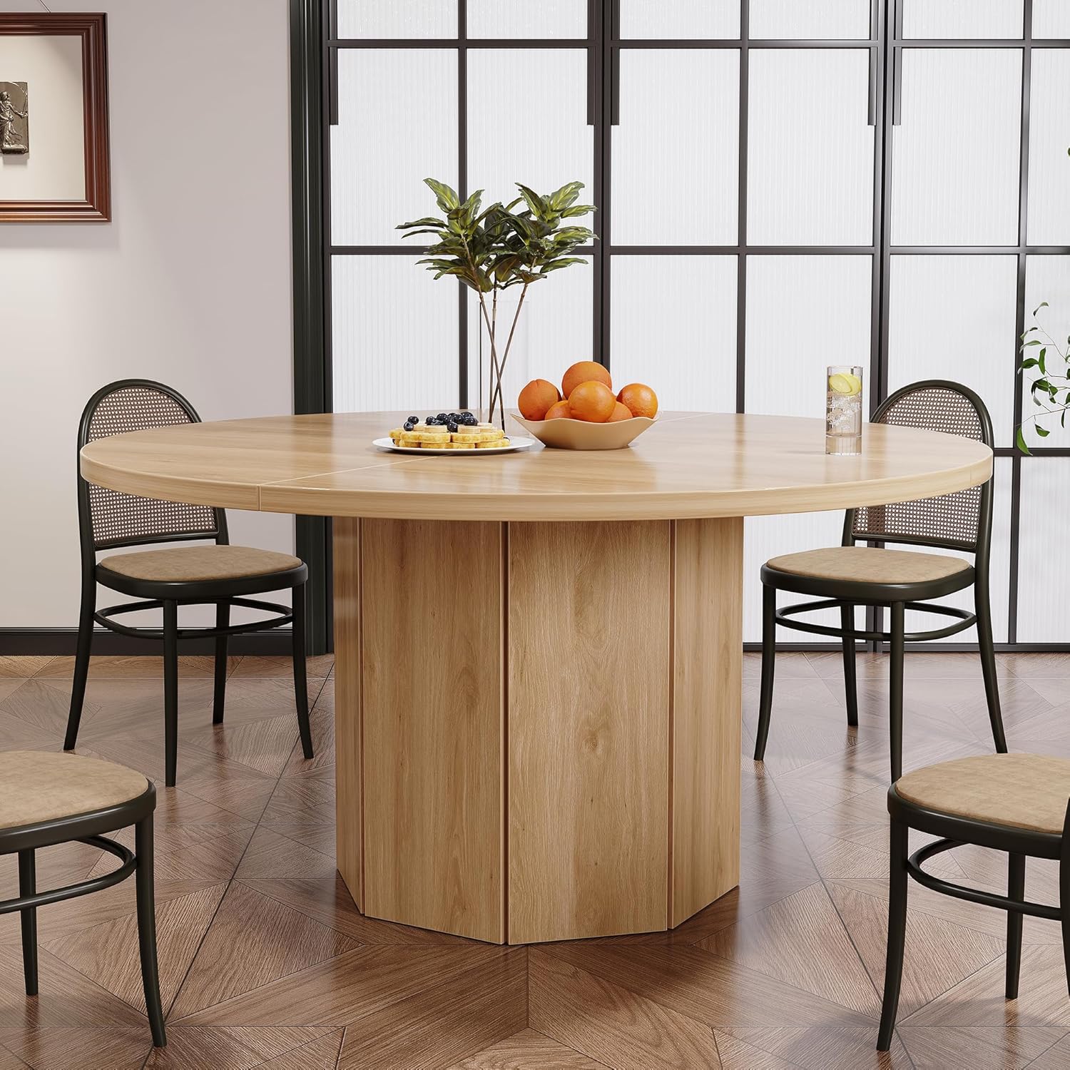 HSH 47” Round Dining Table for 4, Modern Farmhouse Wood Dinner Table with Octagon Pedestal Base, Circular Kitchen Dining Room Table for Home Apartment Living Room, Light Oak