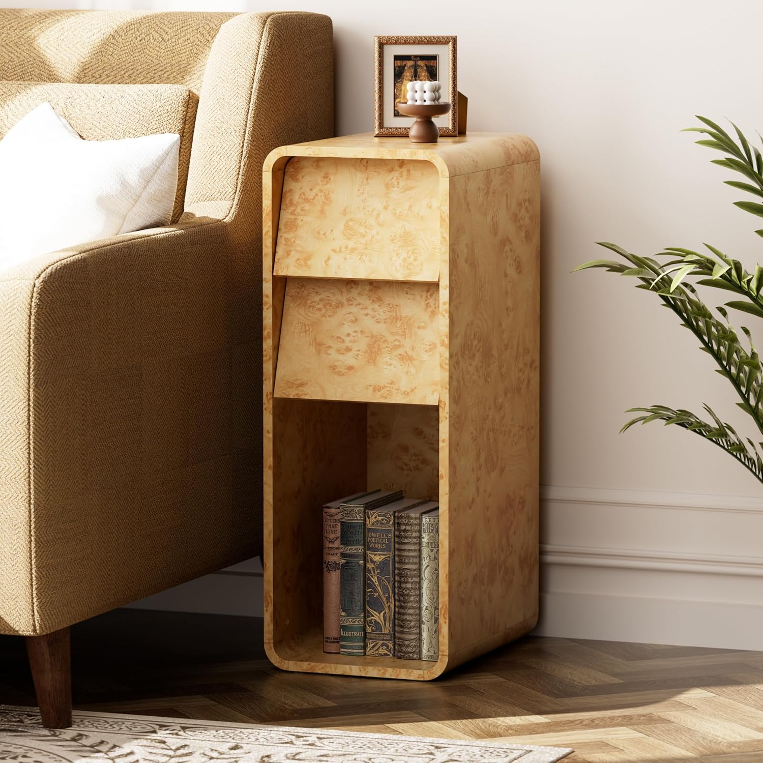 Aoikax Modern Burl Finish End Table with 2 Drawers and Open Storage, Curved Wood Side Table, Narrow Sofa Table, Slim Bedside Table for Living Room or Small Spaces