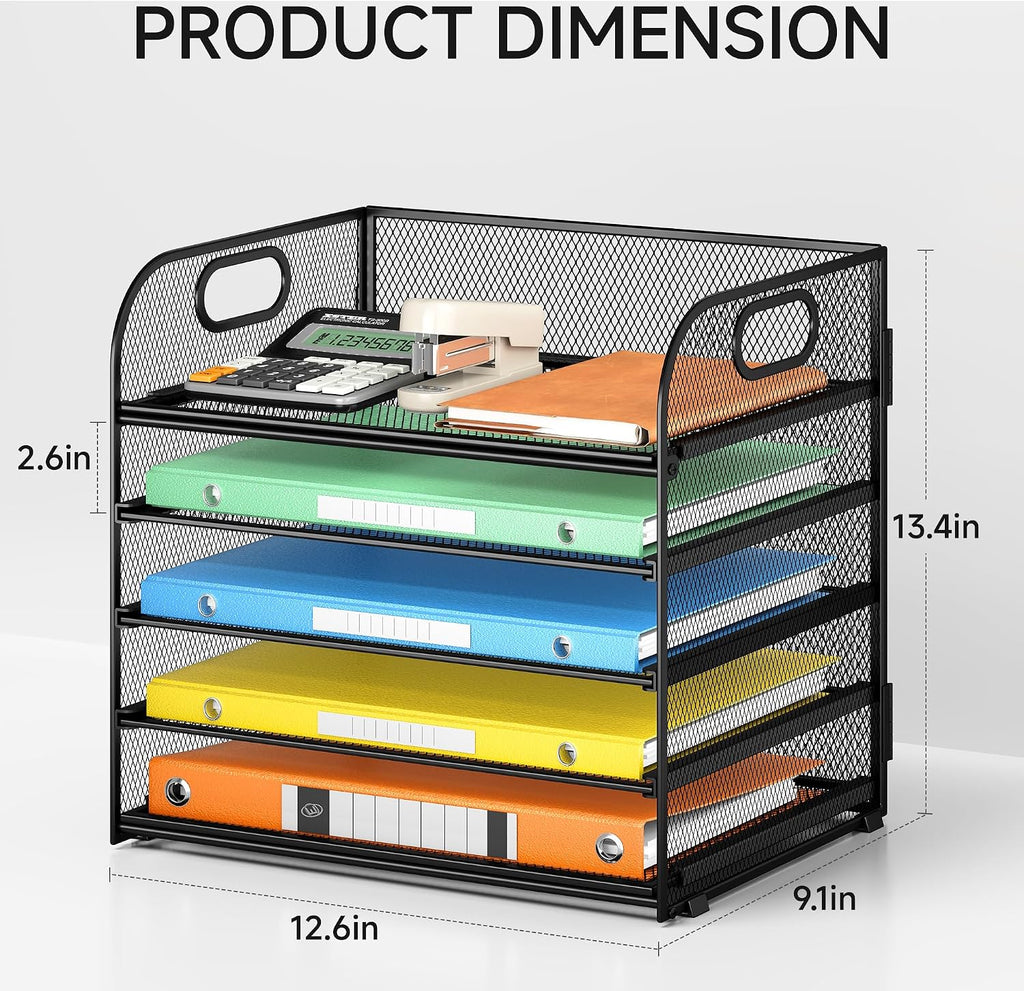 2 Pack 5-Tier Paper Organizer Letter Tray with Handle - Black Mesh Desk Paper Sorter File Organizer for Office, Home or School File Folder Holder