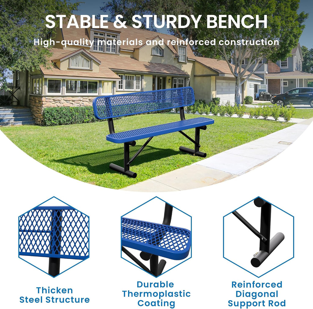 6 Feet Steel Park Bench for Outside, Outdoor Bench with Backrest & Portable Frame, Commercial Benches for Shopping Malls, Stores, Parks, Patios, Decks, Dark Blue