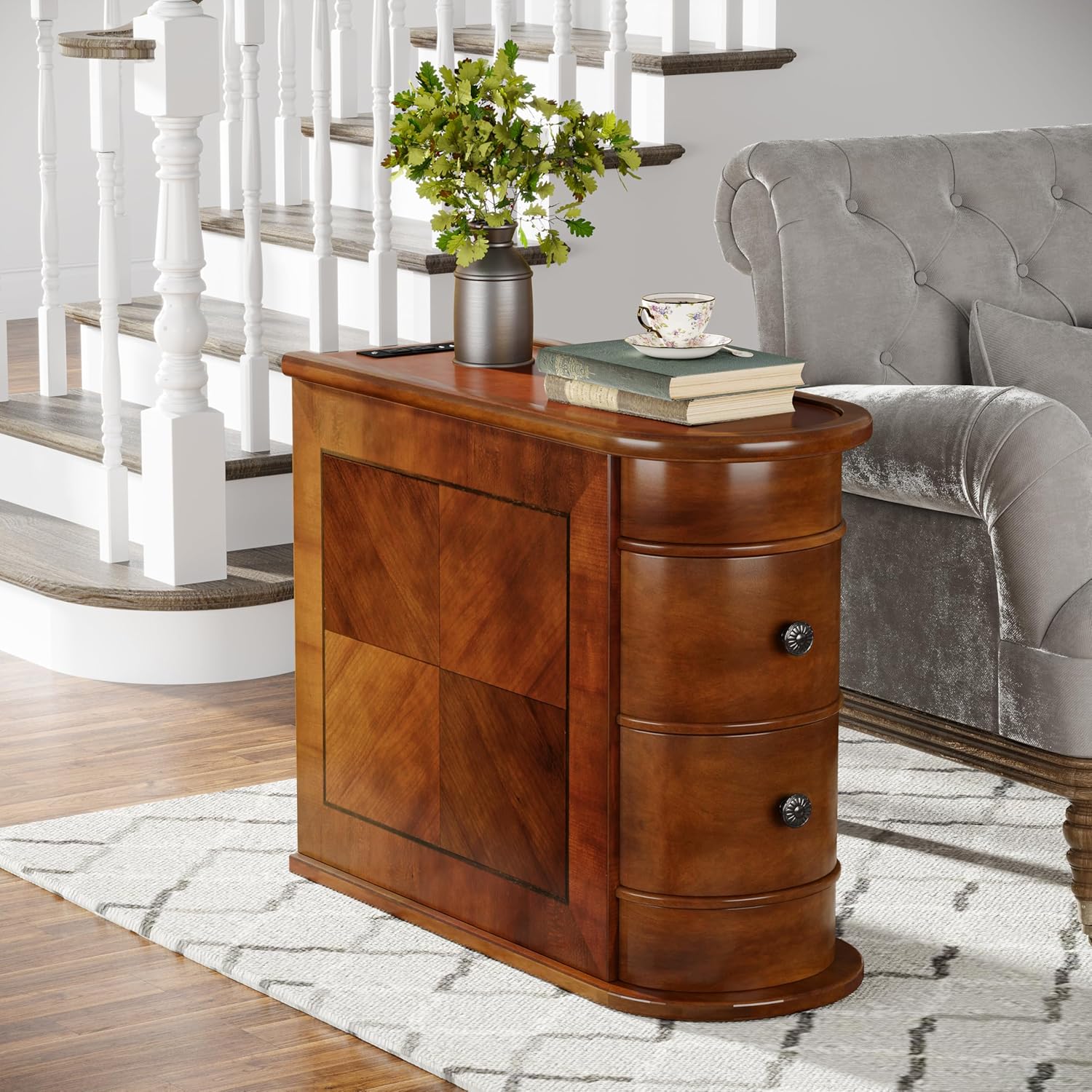 Solid Wood End Table with Charging Station, No Assembly Required Narrow Sofa Side Table for Living Room, Vintage Slim Nightstand Bedside Table (2 Drawers, Brown, 1Pc)