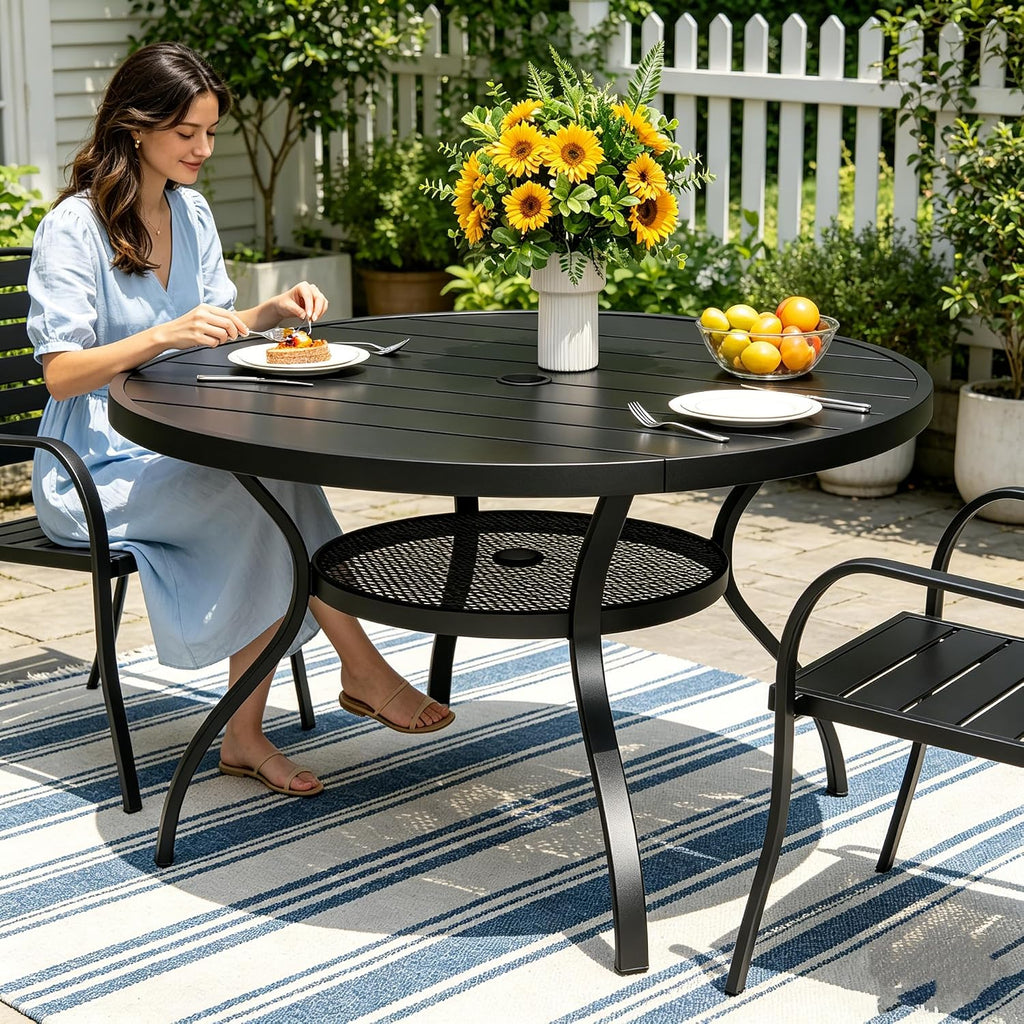 SUNCROWN 42 Inch Round Outdoor Patio Dining Table, All Weather Black Metal Steel Slat Table with 1.5" Umbrella Hole, Weather Resistant Outside Furniture for Lawn Garden Backyard Porch