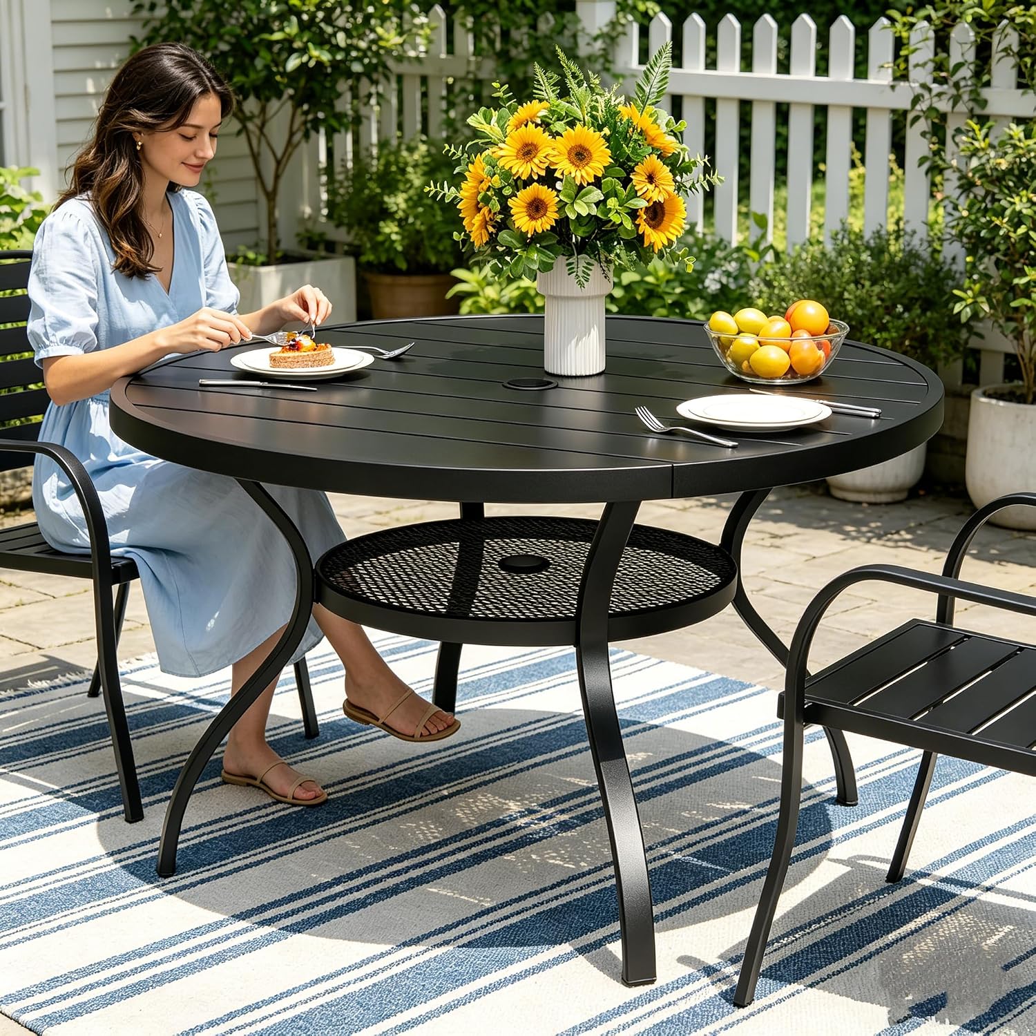 SUNCROWN 42 Inch Round Outdoor Patio Dining Table, All Weather Black Metal Steel Slat Table with 1.5" Umbrella Hole, Weather Resistant Outside Furniture for Lawn Garden Backyard Porch