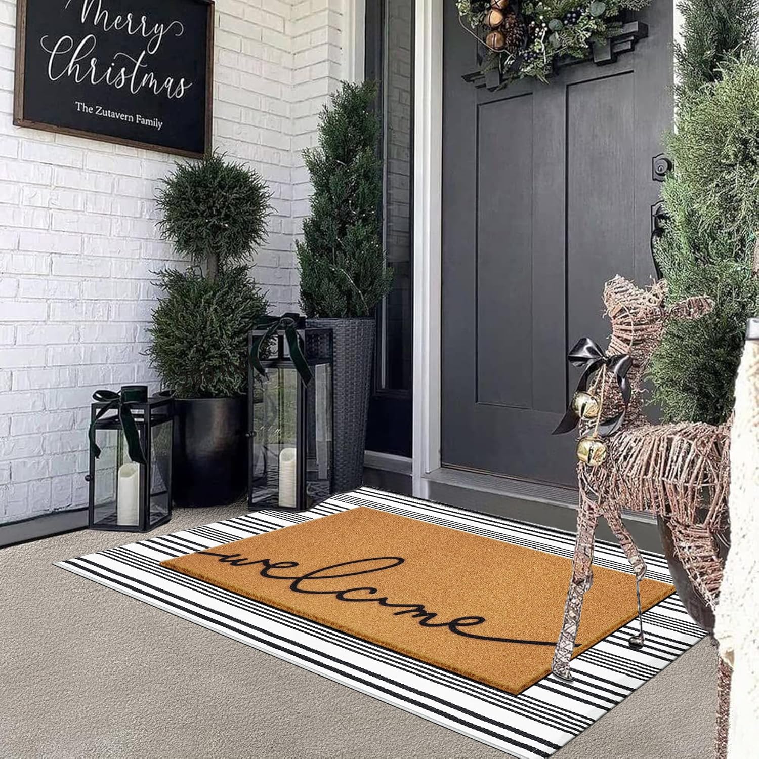 2 Pcs Summer Door Mat, Coco Coir Welcome Doormat with Black and White Striped Mats, Extra Thick & Non-Slip Backing for Farmhouse Front Porch Entryway, Seasonal Layered Porch Décor Floor Mat (Welcome)