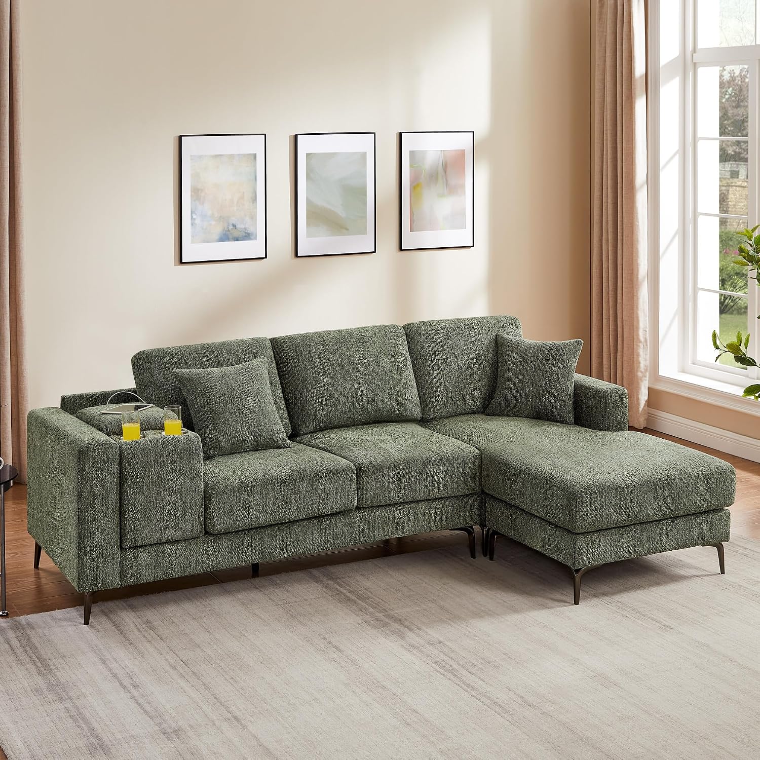 99.21" L Shaped Sectional Sofa with Convertible Chaise, Chenille Modern Modular Couch with Storage Box, USB & Type C Port, 4-Seater Cloud Sofa with Metal Legs for Living Room, Apartment, Green