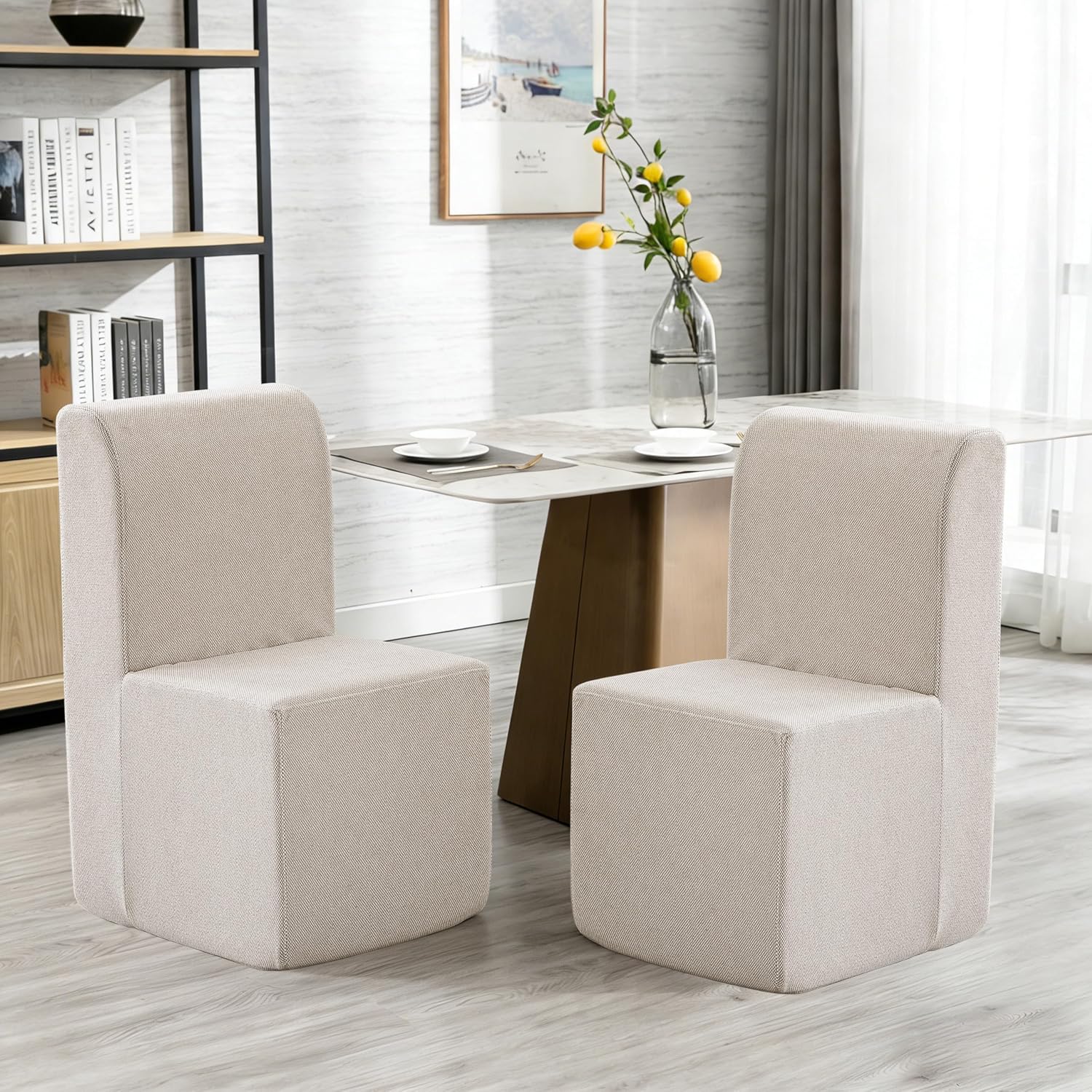 Upholstered Dining Chair, Modern Linen Fabric Dining Room Chair with Mid Backrest and Padded Seat Cushion, Accent Armless Kitchen Side Chair for Dining Room, Living Room, Reading Room, Bedroom