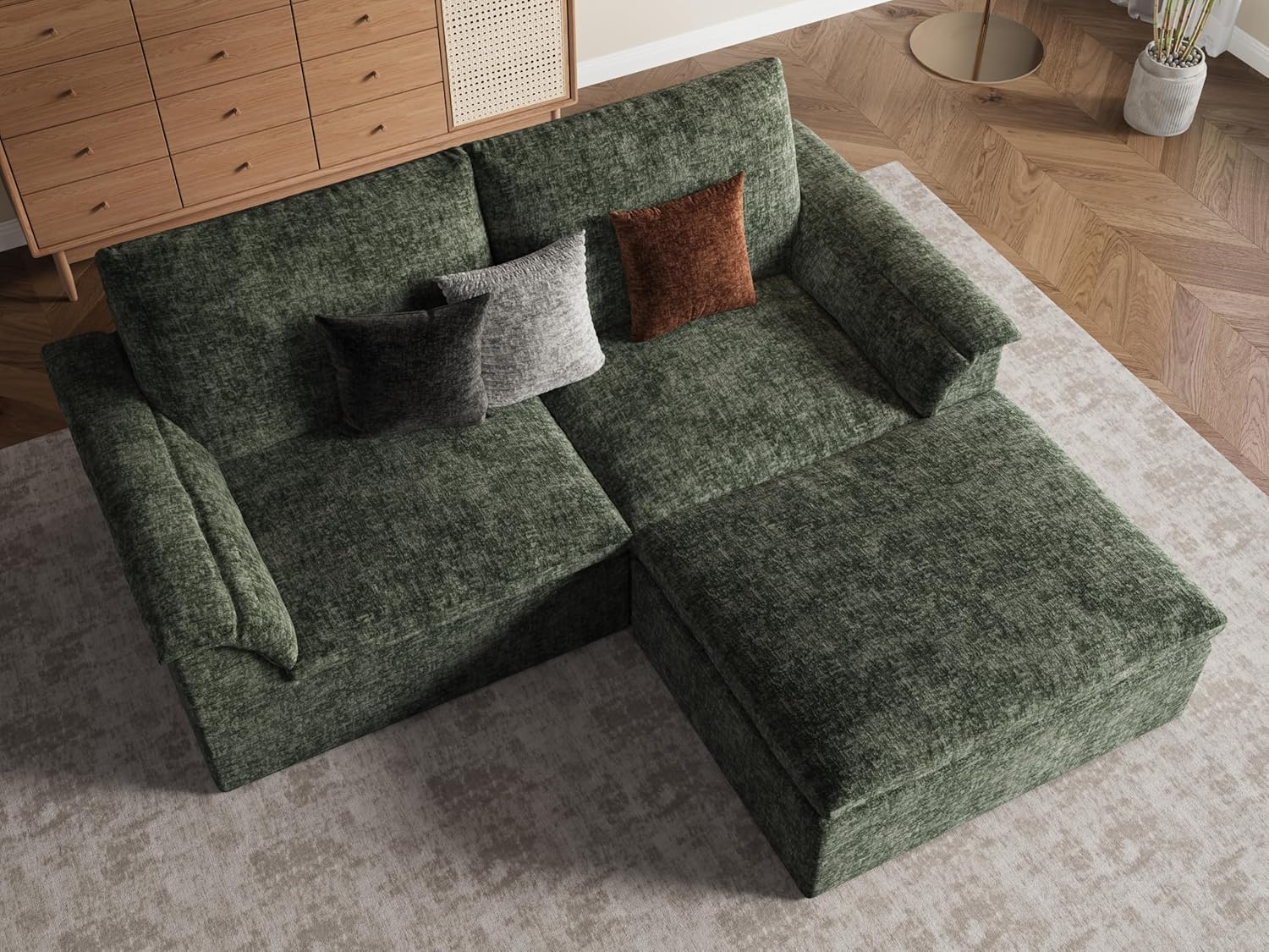 EASE MOOSE Modular Boneless Couch for Living Room, Modern Chenille Loveseat with Ottoman, Deep Seat Cloud Sectional Sofas for Small Spaces No Assembly, Green