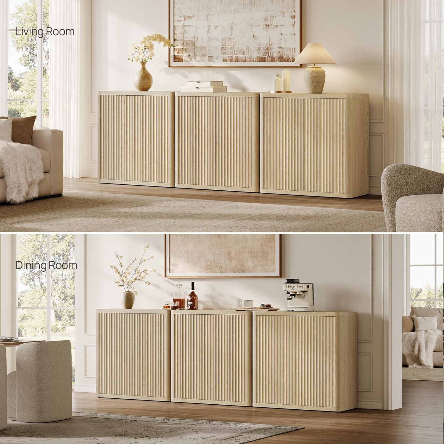 SICOTAS Buffet Cabinet with Storage Sideboard Accent Modern Credenza with Doors & Shelves Fluted 34.6" Tall Media Console Mid Century Coffee Bar Table for Living Room Kitchen Dining Room Hallway