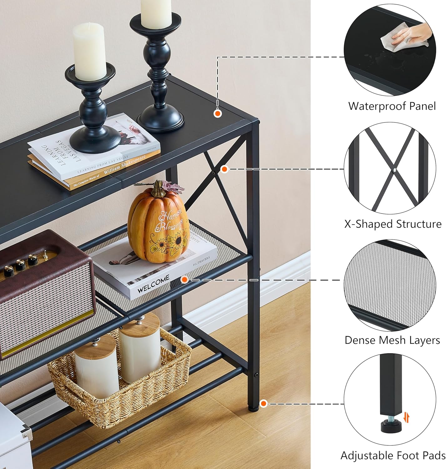 Hoctieon Industrial Console Table, 3 Tier Entryway Table, Hallway Table, Narrow Sofa Table with Shelves, Entrance Table for Entryway, Living Room, Foyer, Hallway, Office, Black