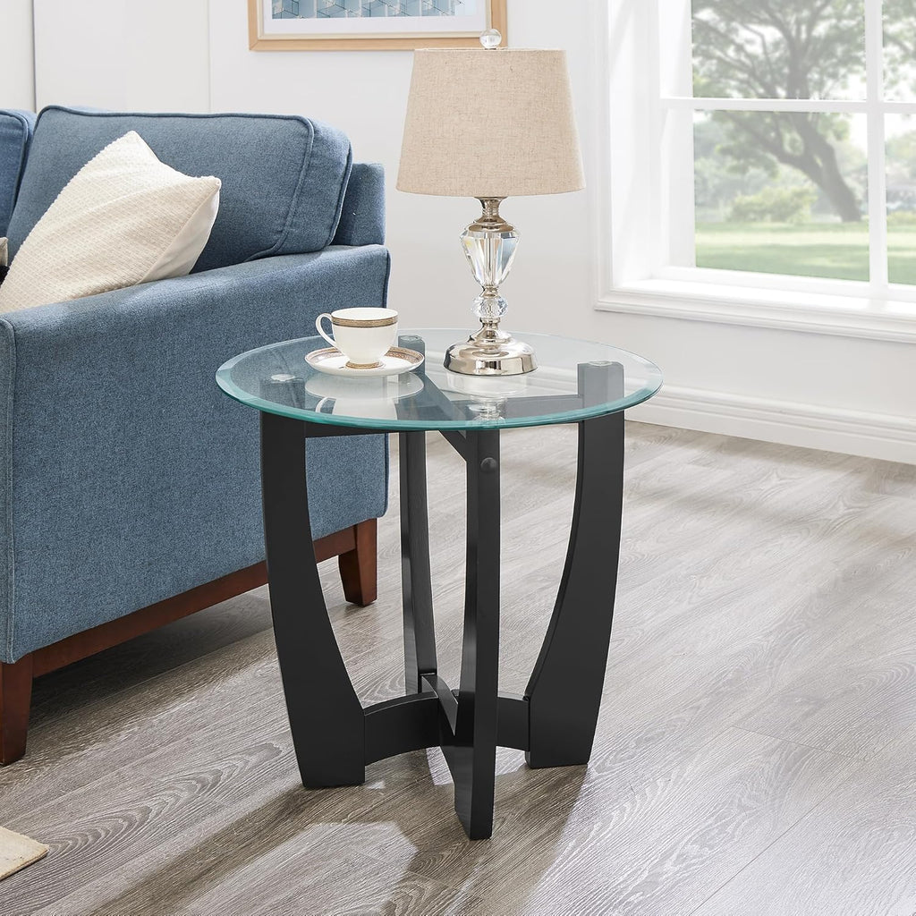 Round End Table with Clear Tempered Glass Top, Black Wood Base, 23.5 Inch, Contemporary Side Table for Living Room