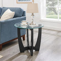 Round End Table with Clear Tempered Glass Top, Black Wood Base, 23.5 Inch, Contemporary Side Table for Living Room