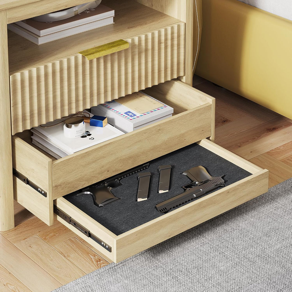 Gurexl 3-Color LED Sensor Nightstand with Gun Drawer, Charge Station, Wood