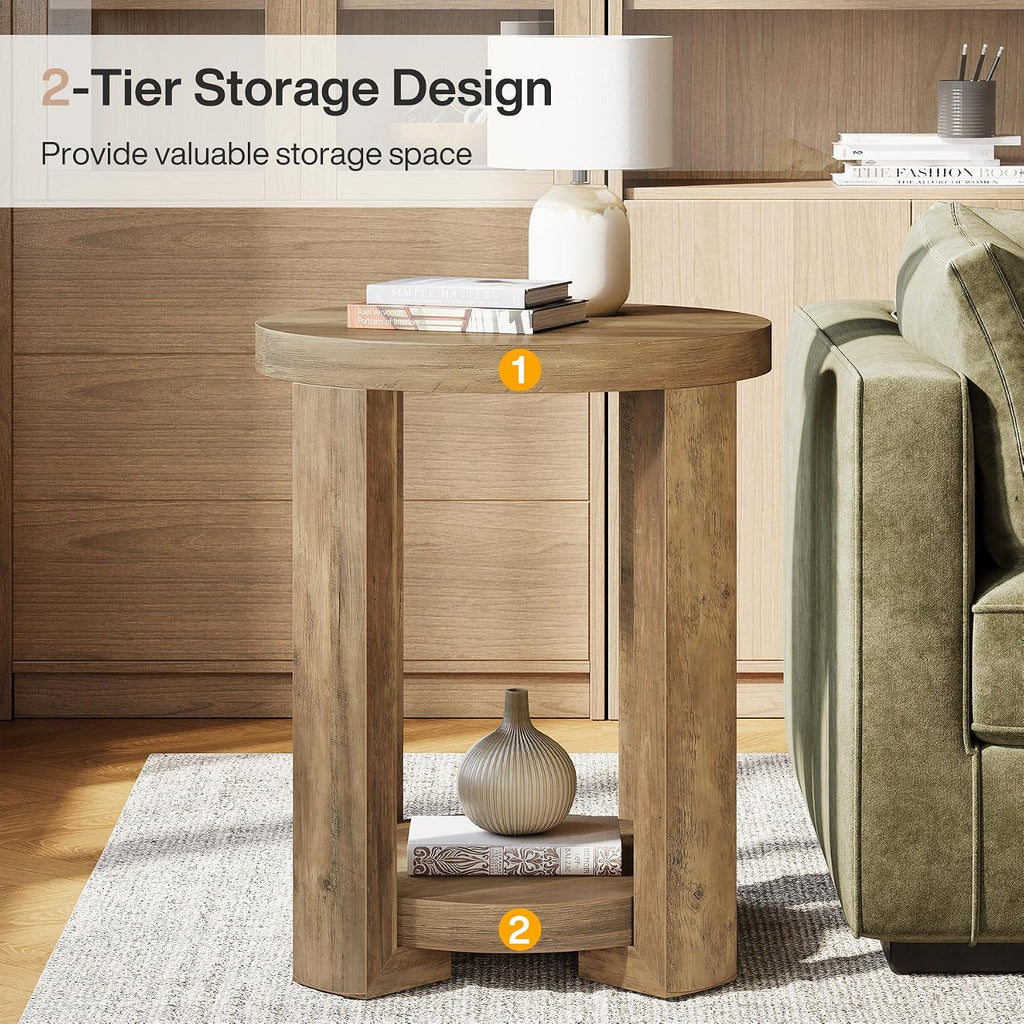 Tribesigns Round Side Table, 2-Tier End Table for Living Room & Bedroom, Small Accent Table with Storage Shelf (2, Brown)