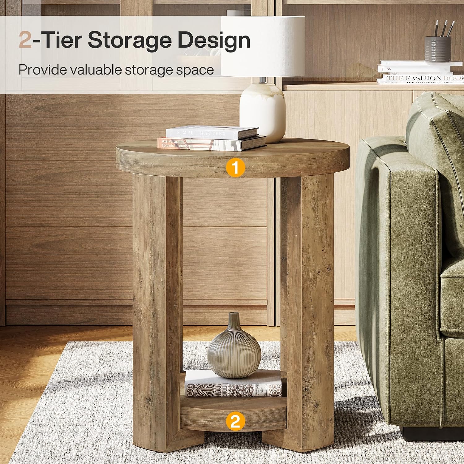 Tribesigns Round Side Table, 2-Tier End Table for Living Room & Bedroom, Small Accent Table with Storage Shelf (2, Brown)