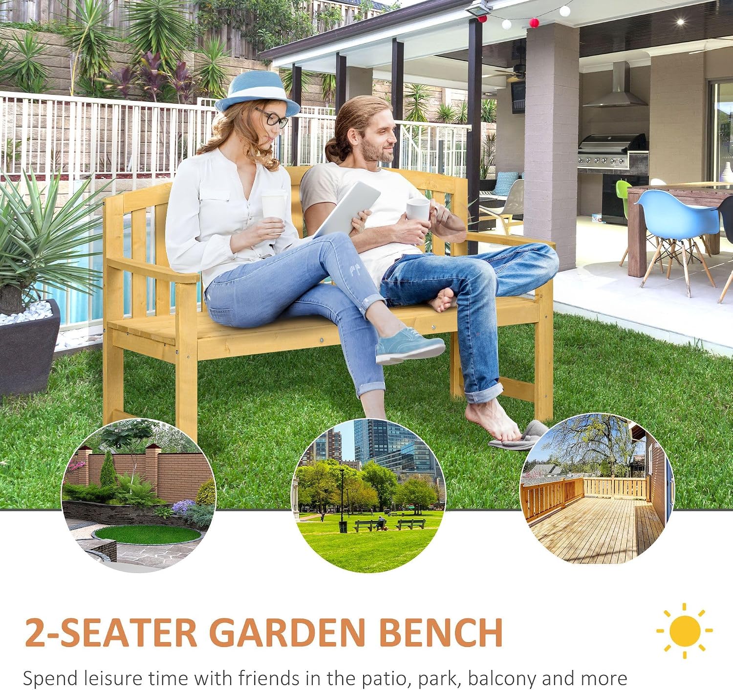 Two-Seater Wooden Patio Bench with Slatted Seat and Backrest