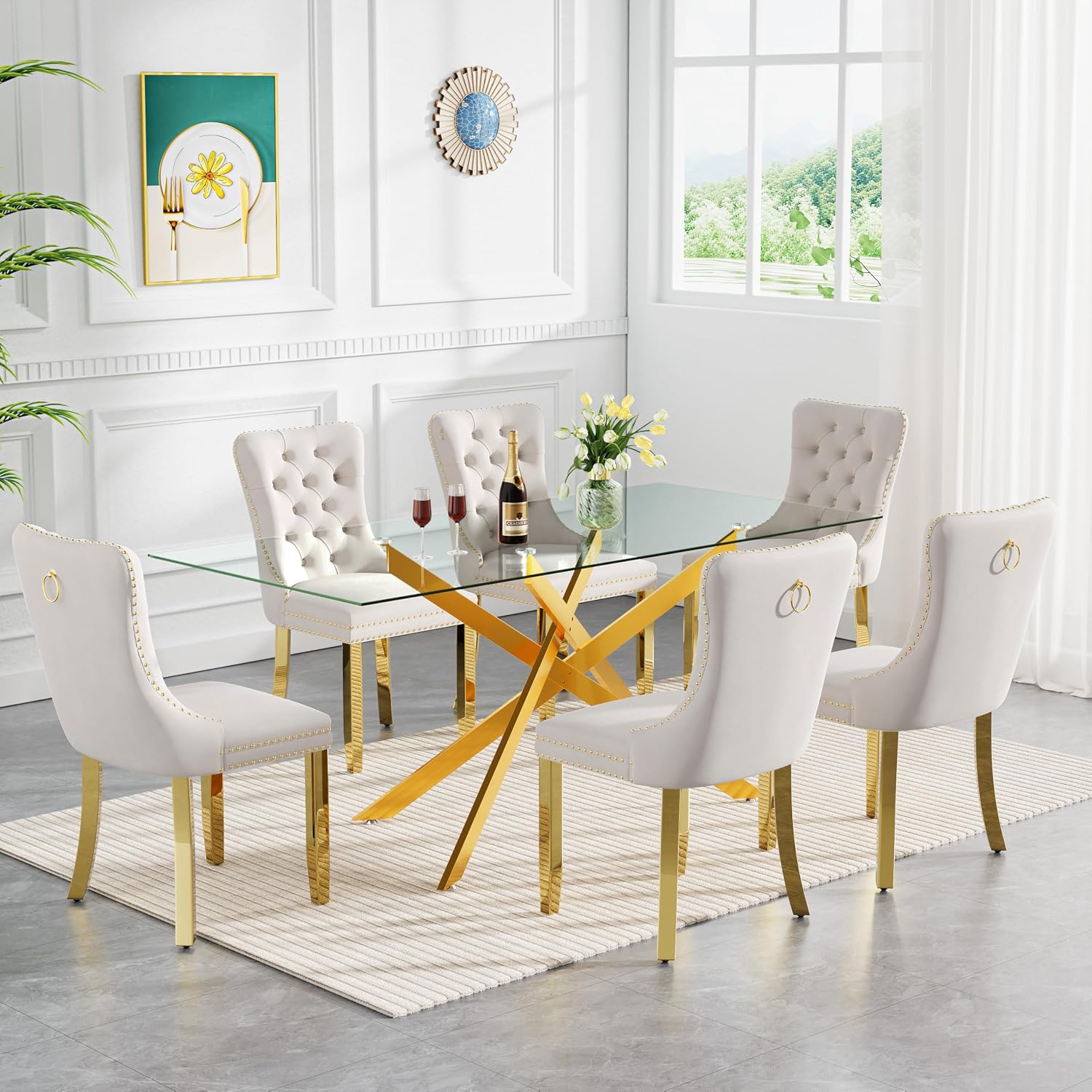 SSLine Modern 7-Piece Glass Dining Table Set for 6 Luxury Rectangle Glass Kitchen Table and Chair Set for 6, 61" Long Dining Room Tables with 6 Beige Tufted Chairs for Kitchen Home Office