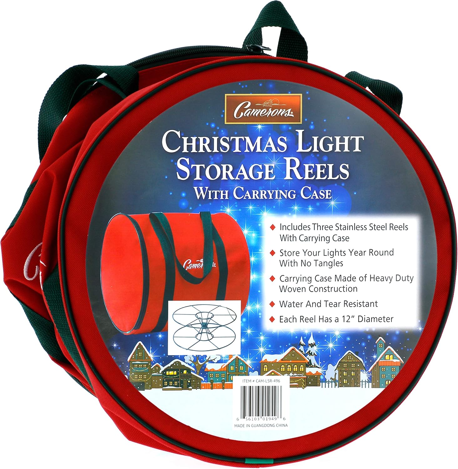 Christmas Light Storage Reel 3 Pack w Zippered Carrying Bag Case- 12" XL Heavy Duty Metal Construction for Xmas Holiday Tree Lights, Wind up Extension Cords, Garland- Holiday Decoration Organizer