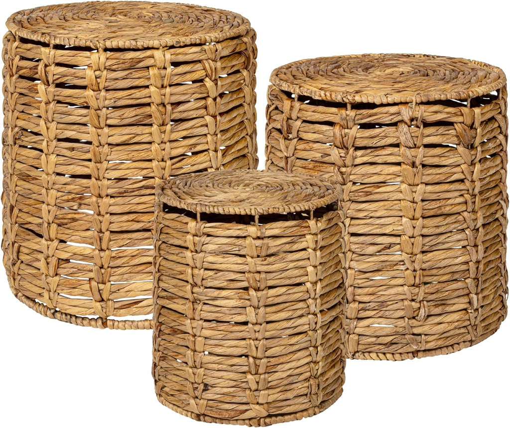 JONATHAN Y Zaria Water Hyacinth and Iron 3-Piece Nesting Table for Living Room with Drum Silhouette, Coastal Round Handwoven Side Tables, Natural TBL2503A-3SET