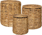 JONATHAN Y Zaria Water Hyacinth and Iron 3-Piece Nesting Table for Living Room with Drum Silhouette, Coastal Round Handwoven Side Tables, Natural TBL2503A-3SET