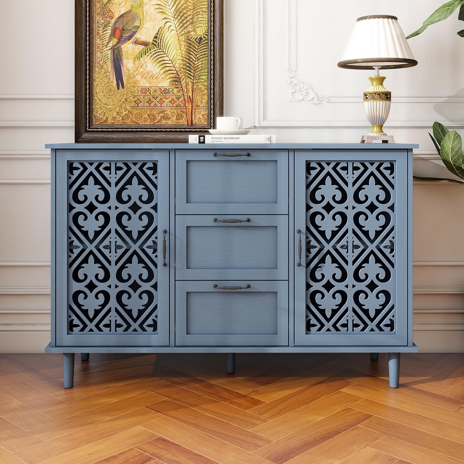 Sideboard Buffet Cabinet, American Farmhouse Blue 2 Door 3 Drawer Storage Credenza, Hollow Carved, Living Room Entryway Kitchen Dining Room Console Table, Home Furniture Decor