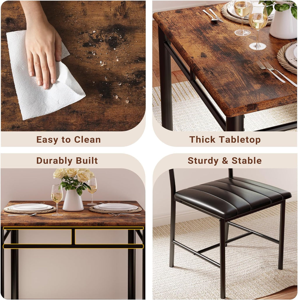 IRONCK Dining Table Set for 2, Small Kitchen Table with Upholstered Chairs Dinning Table Set for Kitchen & Dining Room, Compact Dining Set for Small Spaces, Rustic Brown