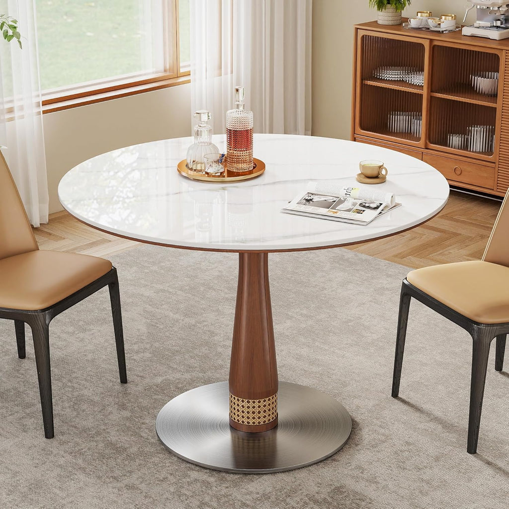 39" Round White Sintered Stone Dining Table with Pedestal Base for Kitchen Dining Room