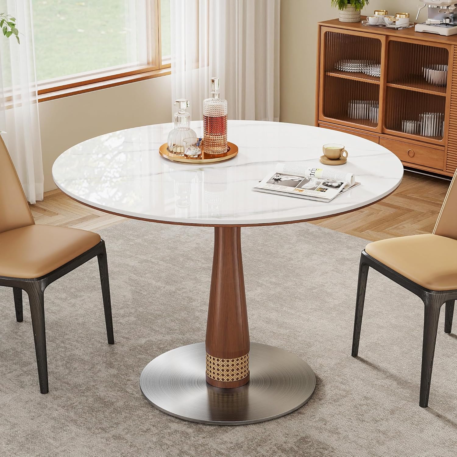 39" Round White Sintered Stone Dining Table with Pedestal Base for Kitchen Dining Room