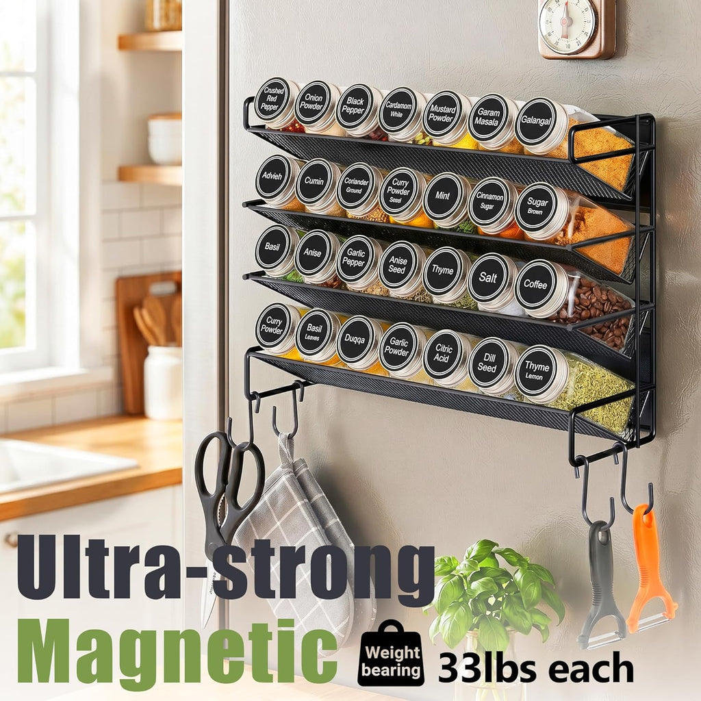 UVIAHOMI Magnetic Spice Rack Organizer for Refrigerator with 28 Spice Jars, 386 Spice Labels, 4 Hook, Chalk Marker and Funnel Set, Magnetic Shelf for Seasoning Organizer, 13.2'' W x 9.8 H, Black