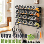UVIAHOMI Magnetic Spice Rack Organizer for Refrigerator with 28 Spice Jars, 386 Spice Labels, 4 Hook, Chalk Marker and Funnel Set, Magnetic Shelf for Seasoning Organizer, 13.2'' W x 9.8 H, Black