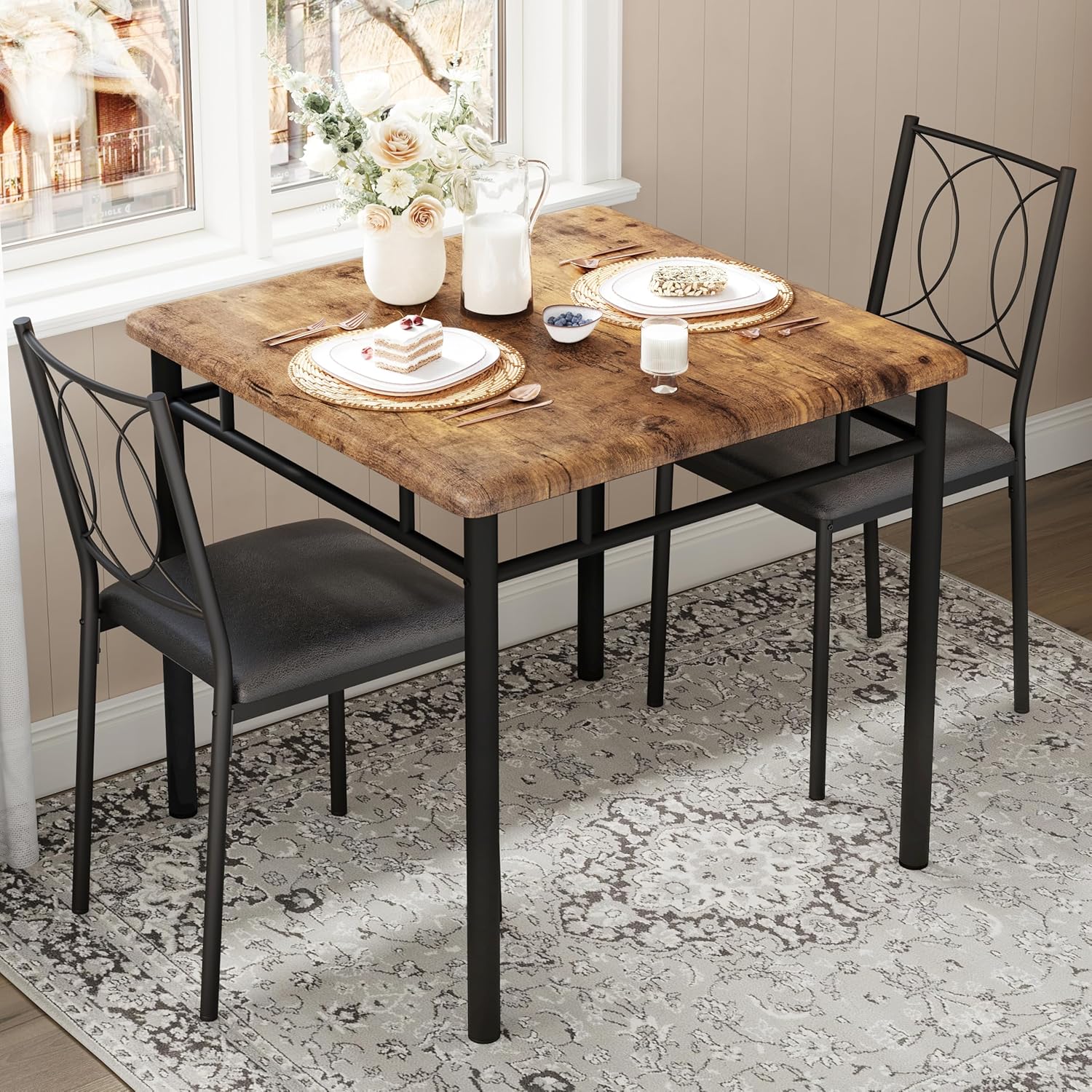 IDEALHOUSE Space-Saving Dining Table Set for 2 – 3-Piece Farmhouse Wooden Table & Upholstered Chairs – Easy to Clean, Ideal for Apartments & Breakfast Nooks – Compact Dining Furniture – Vintage Color