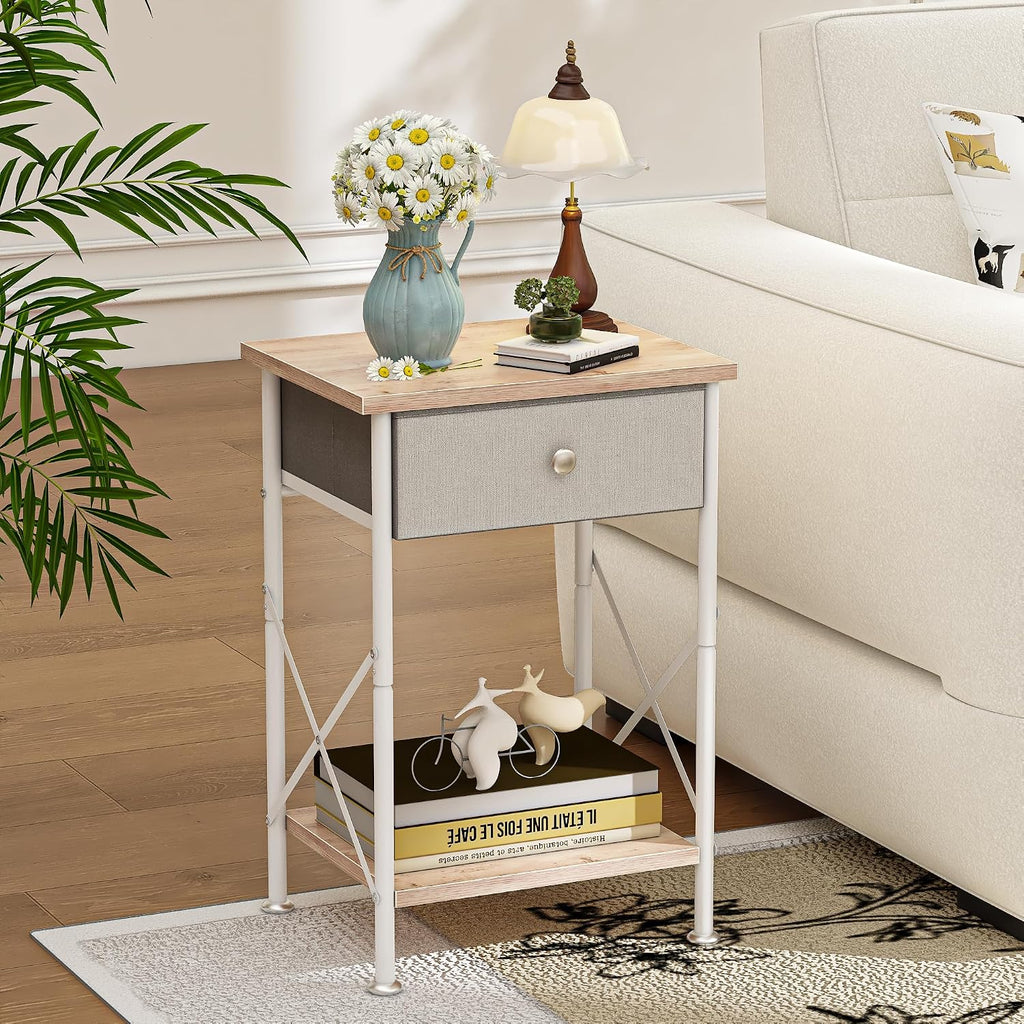 VECELO End Tables, Modern Nightstand with Fabric Drawer & Open Shelf, Night Stand for Bedroom Living Room, Industrial Metal Frame, Easy Assembly, Grey,2 Pack