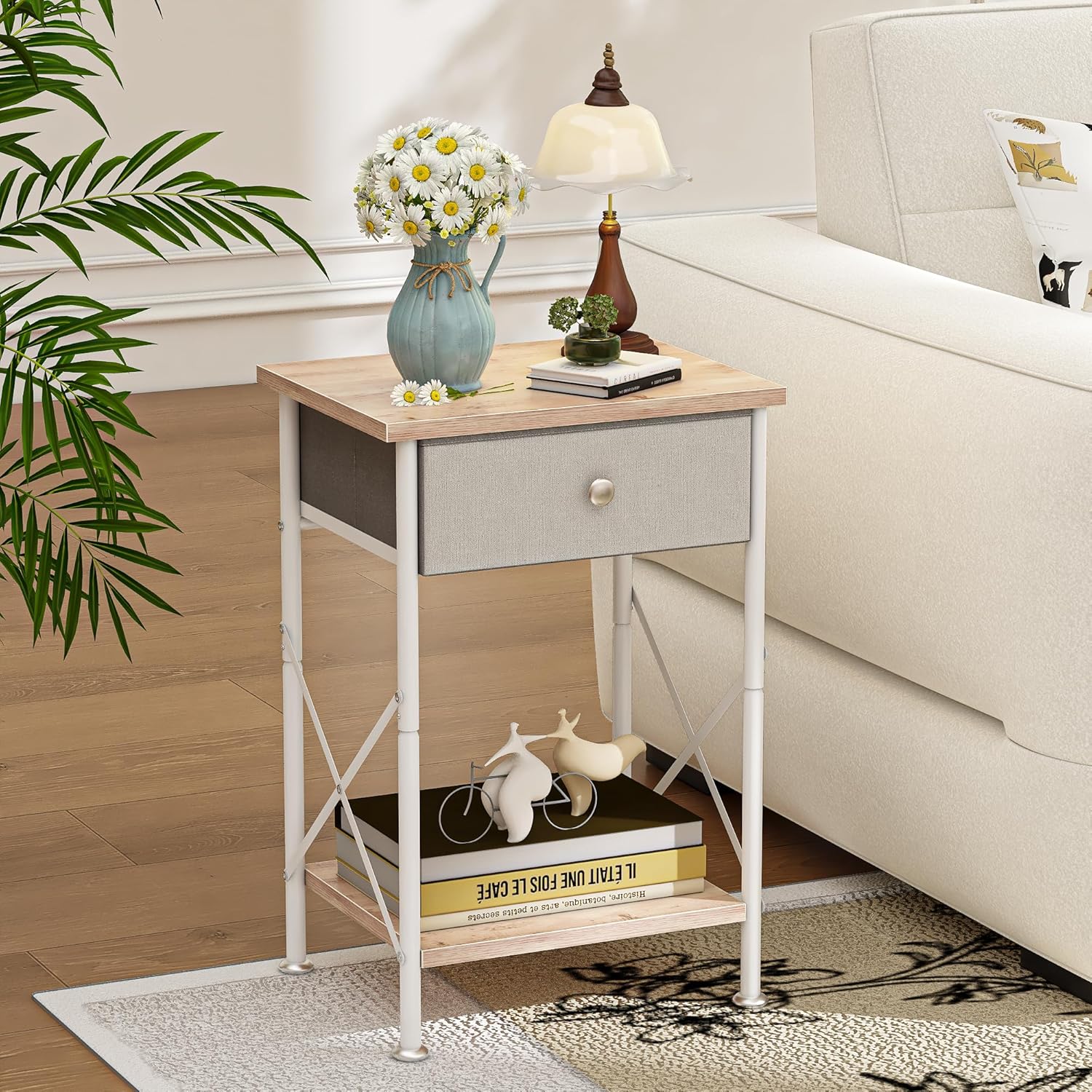 VECELO End Tables, Modern Nightstand with Fabric Drawer & Open Shelf, Night Stand for Bedroom Living Room, Industrial Metal Frame, Easy Assembly, White,1 Pack