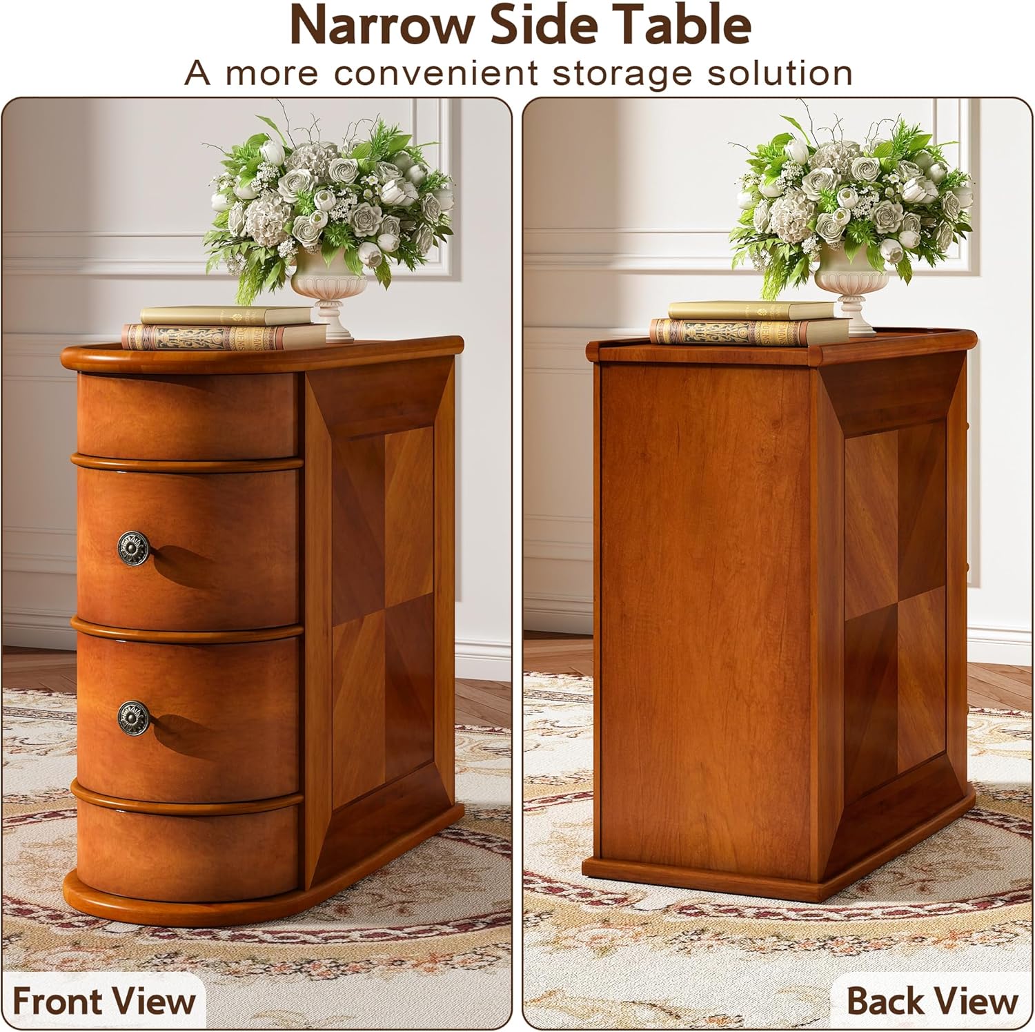 Pipleo Wood End Table with 2 Drawers, No Assembly Required Small Side Table, Vintage Wood Narrow Sofa Side Table for Living Room, Bedroom and Small Space (1-Pack)