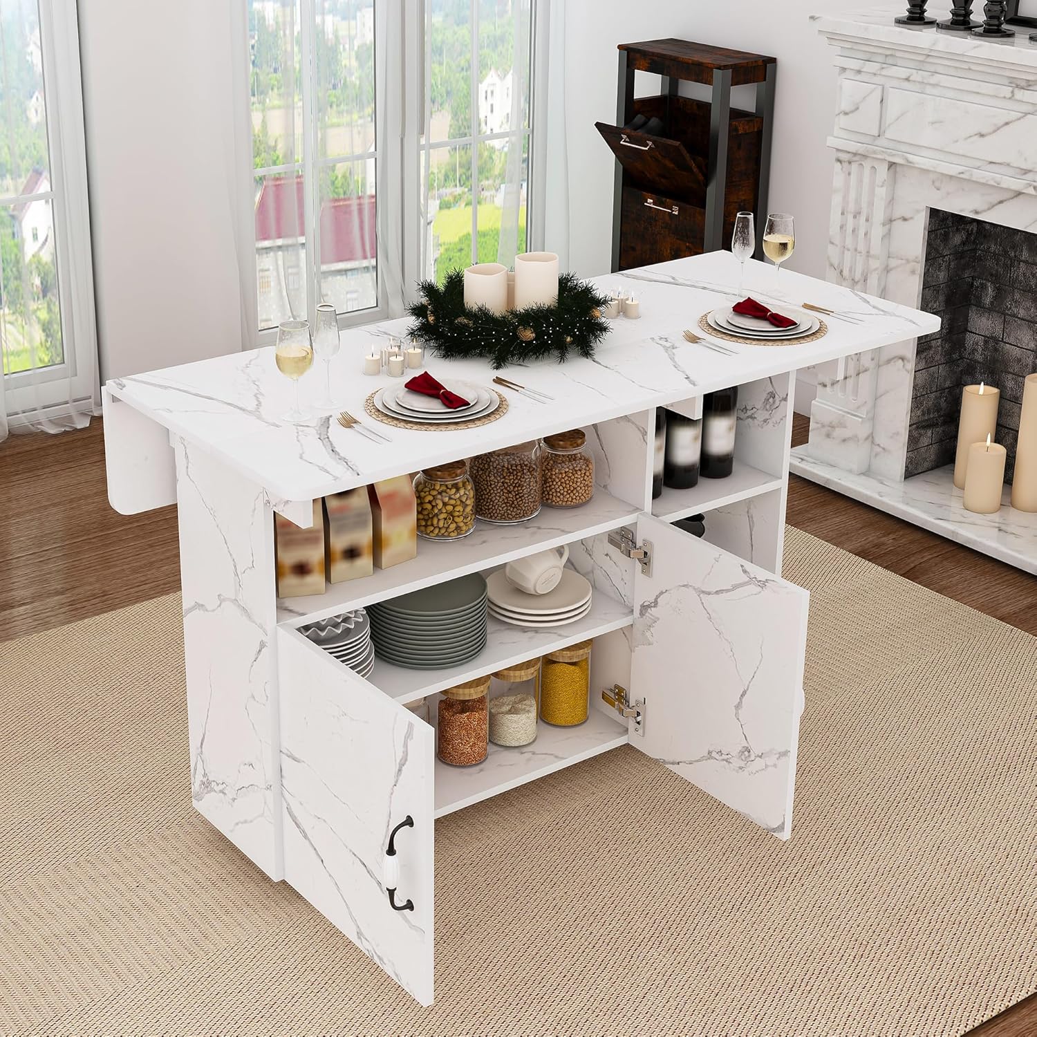Multi-Functional Folding Dining Table Kitchen Island with Storage Shelves and Wheels, Space Saving Dining Tables Compact Desk for Dining Room, Kitchen, Dorm, Office (White)