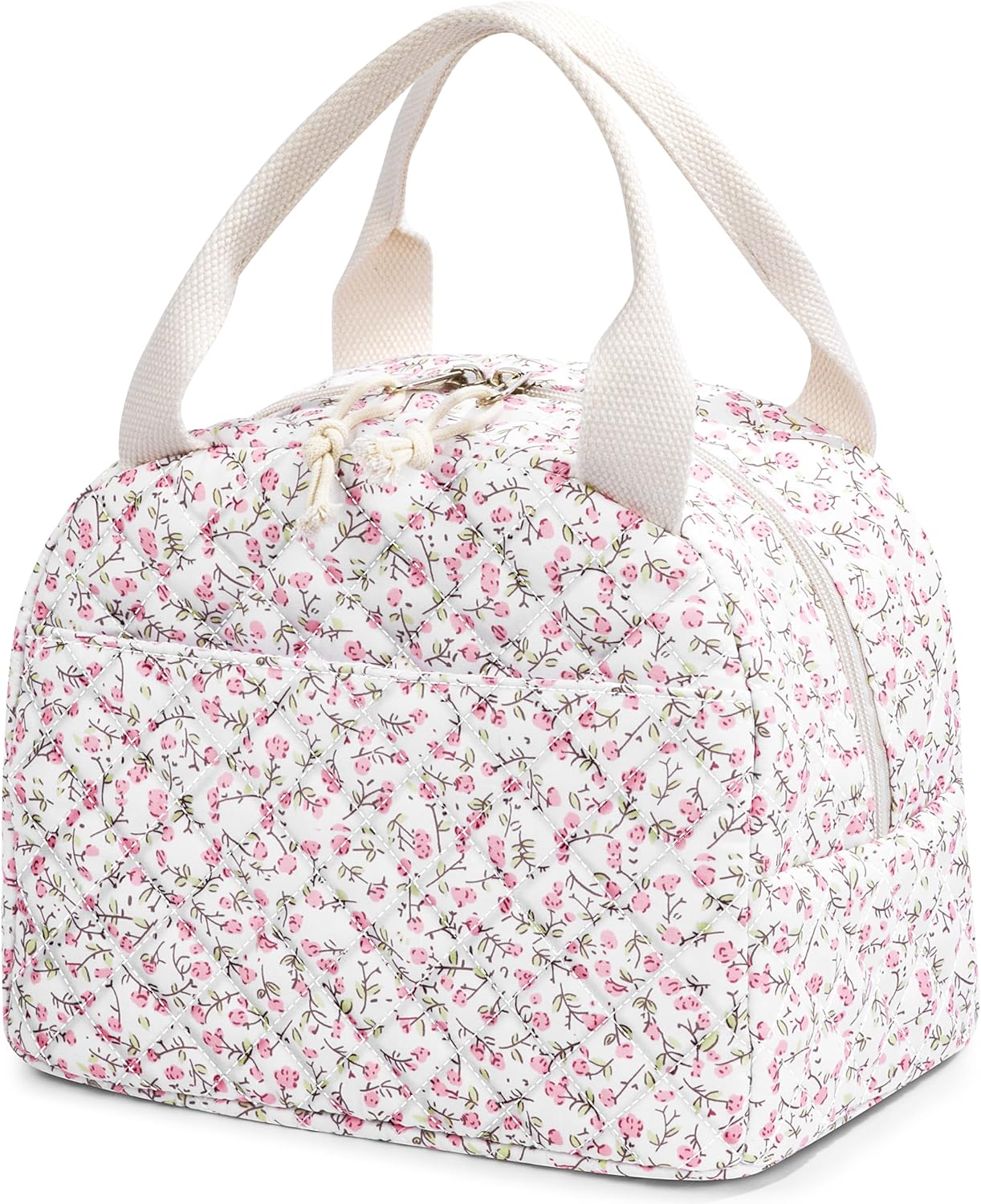 BuyCard Insulated Lunch Bag Women, Reusable Corduroy Cute Lunch Box, Leakproof Floral Lunch Tote Bag with Large Capacity, Small Cooler Lunch Container for Work Office Travel Picnic (Pink Floral)