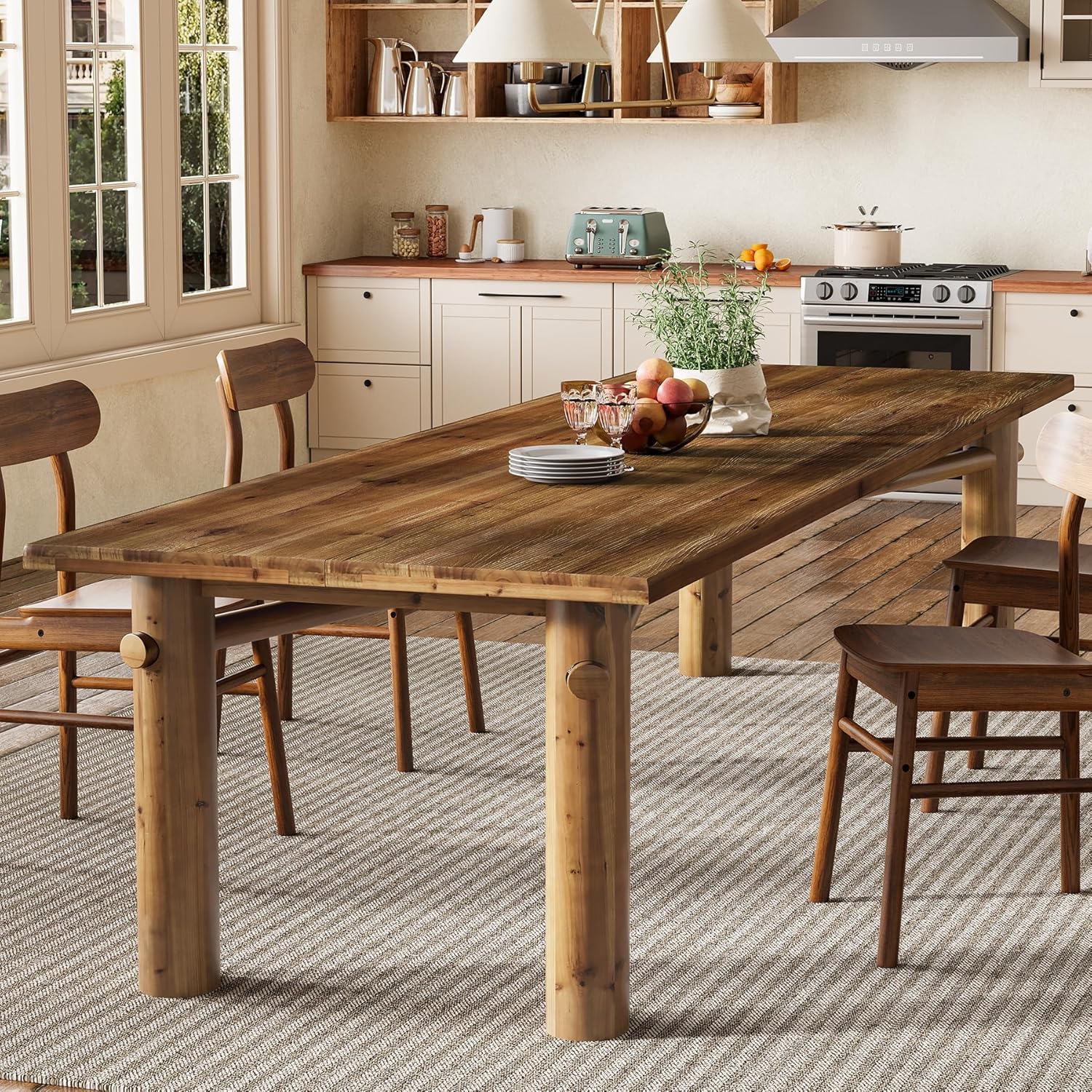 Solid Wood Dining Table for 6, 63-Inch Wooden Kitchen Table with Strong Legs, Farmhouse Rectangle Dinner Table for Dining Room, Living Room