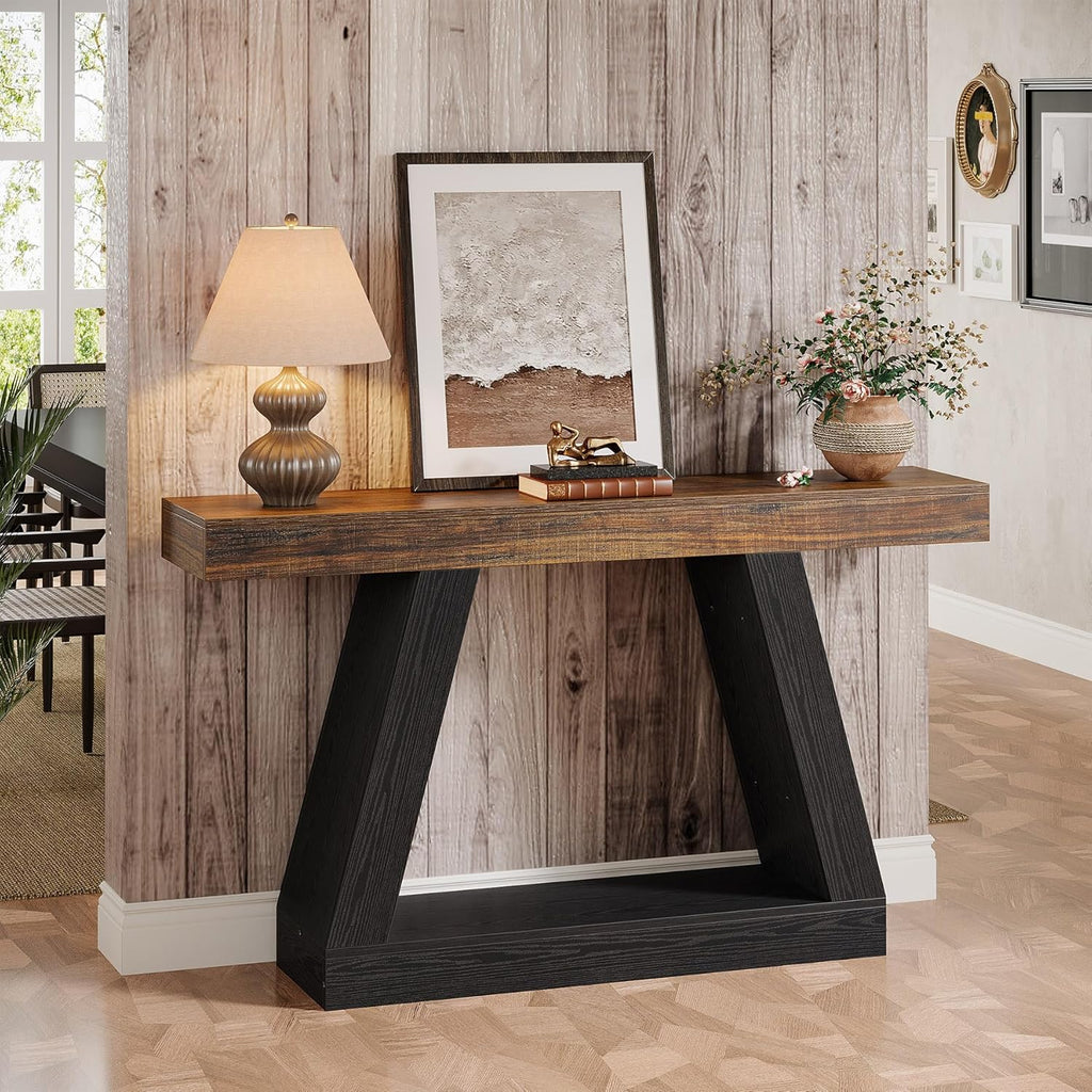 Tribesigns Farmhouse Console Table, 55-Inch Rustic Sofa Table with Storage, Industrial Wooden Entryway Table for Hallway, Living Room, Black & Brown